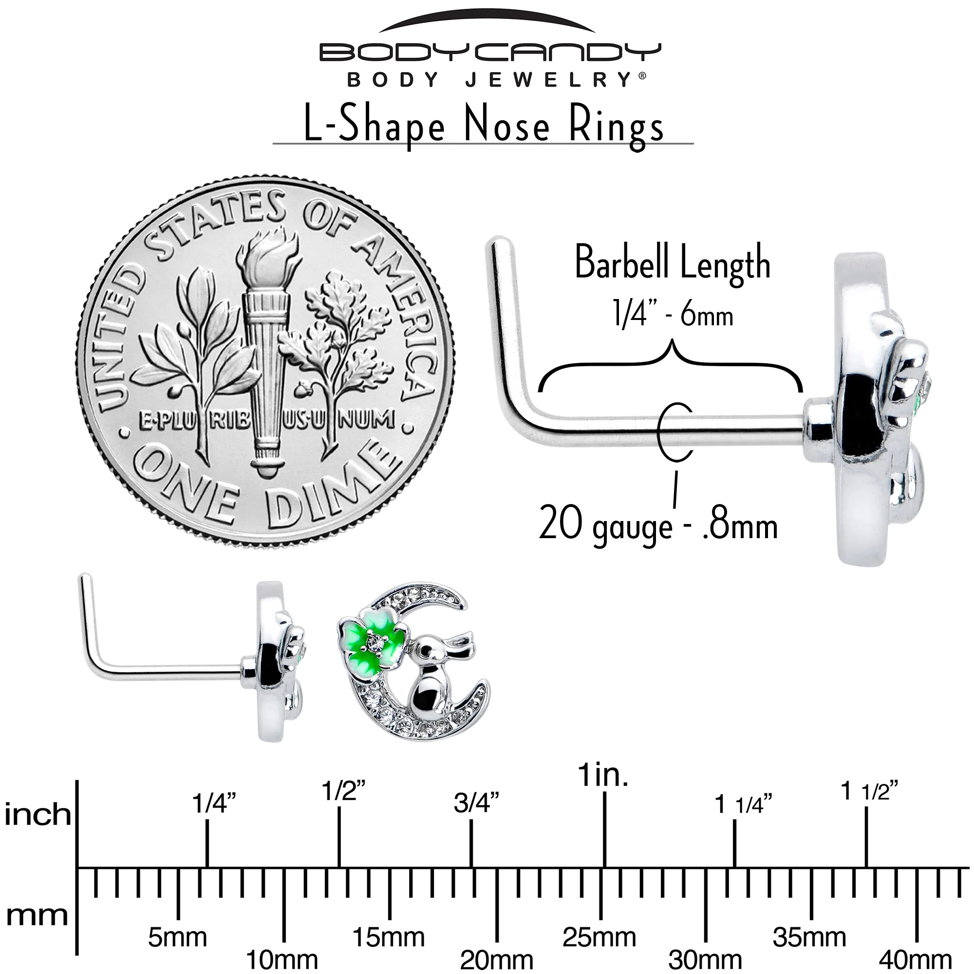 20G 7mm Clear CZ Gem Rabbit On The Moon Green L Shape Nose Ring - Image 5