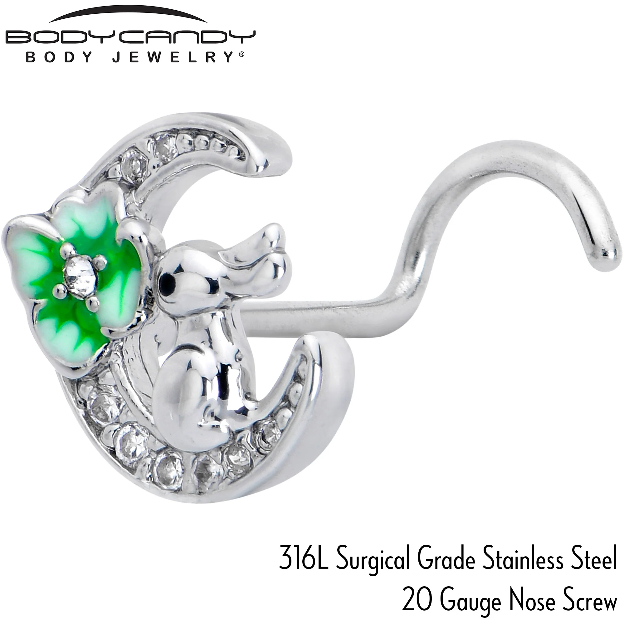 20G 7mm Clear CZ Gem Rabbit On The Moon Green Left Side Nose Screw - Image 4