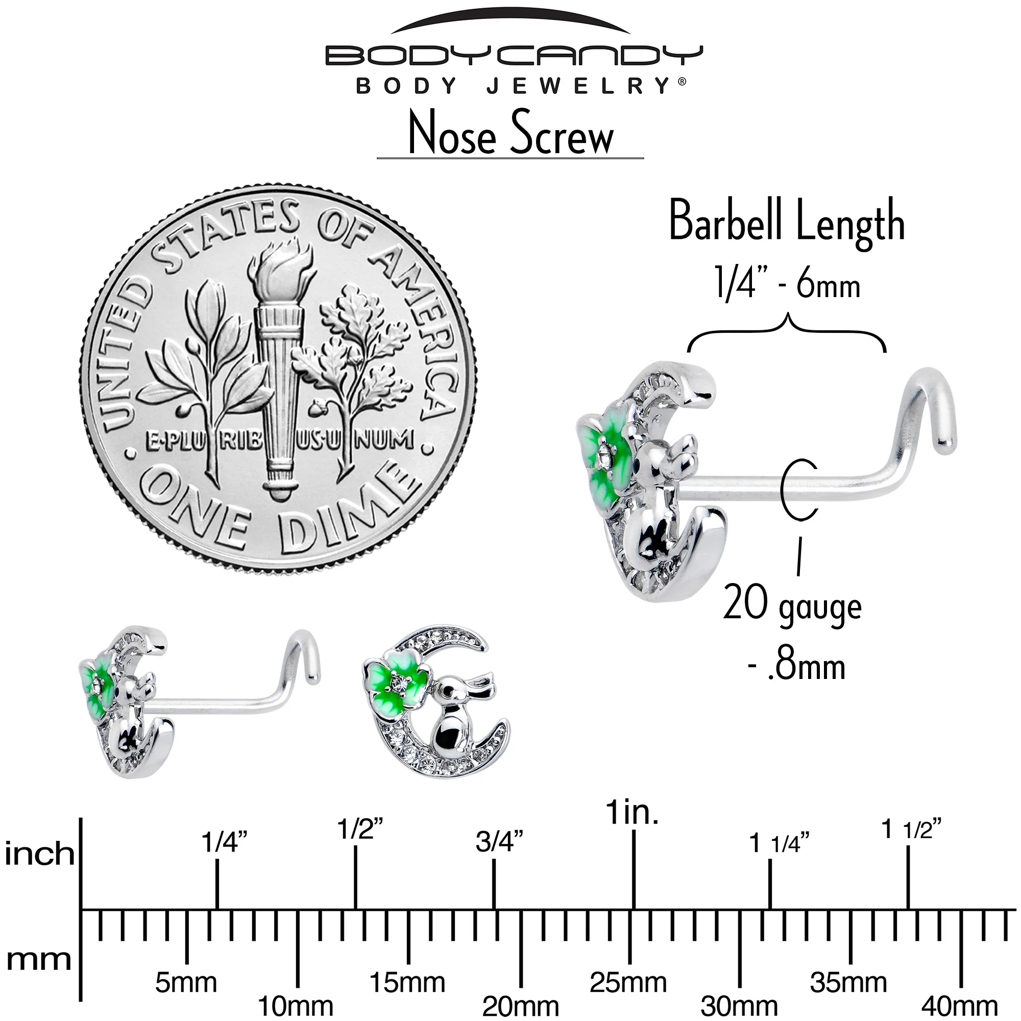 20G 7mm Clear CZ Gem Rabbit On The Moon Green Left Side Nose Screw - Image 5