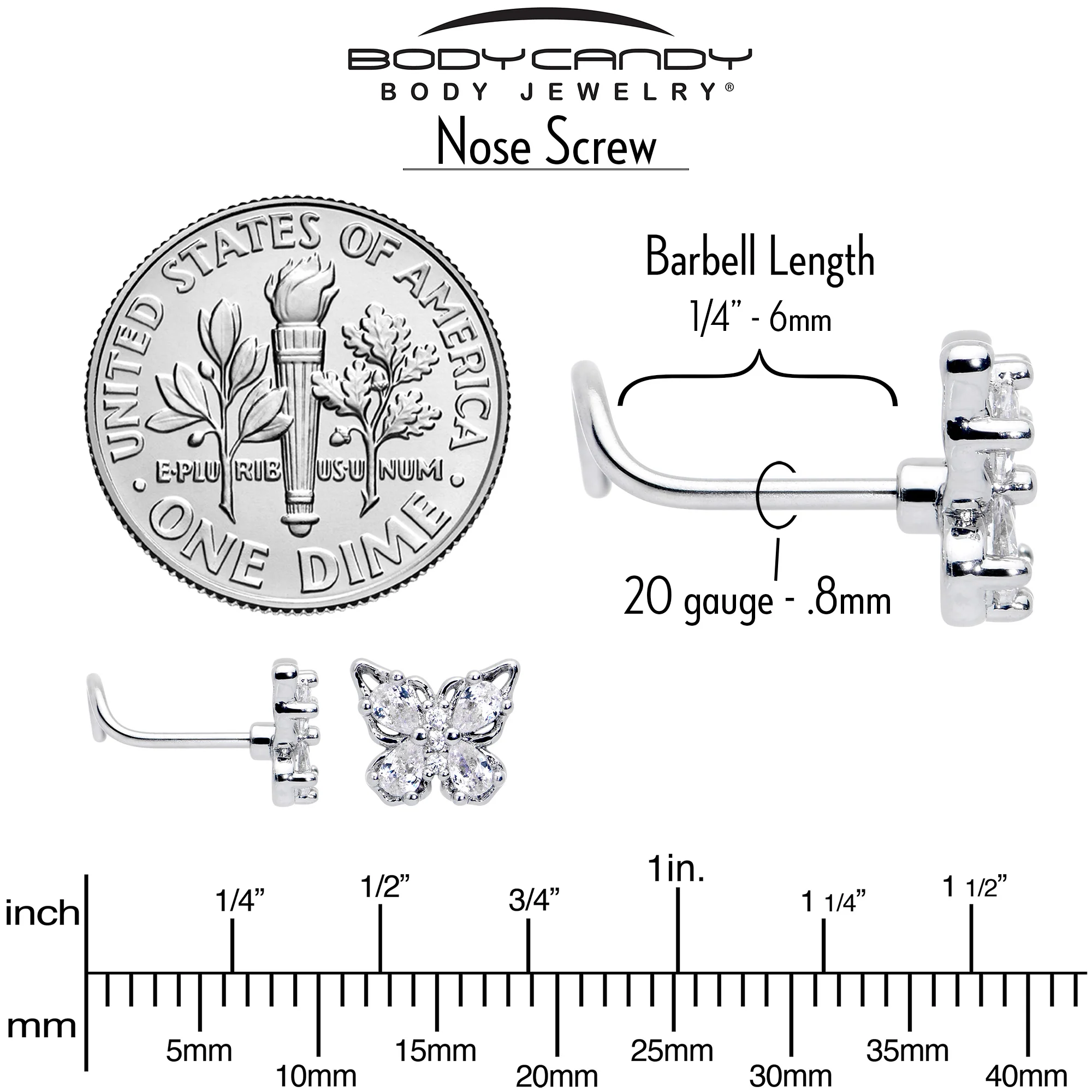 20G 7mm Clear Gem Baroque Beauty Butterfly Left Side Nose Screw - Image 6