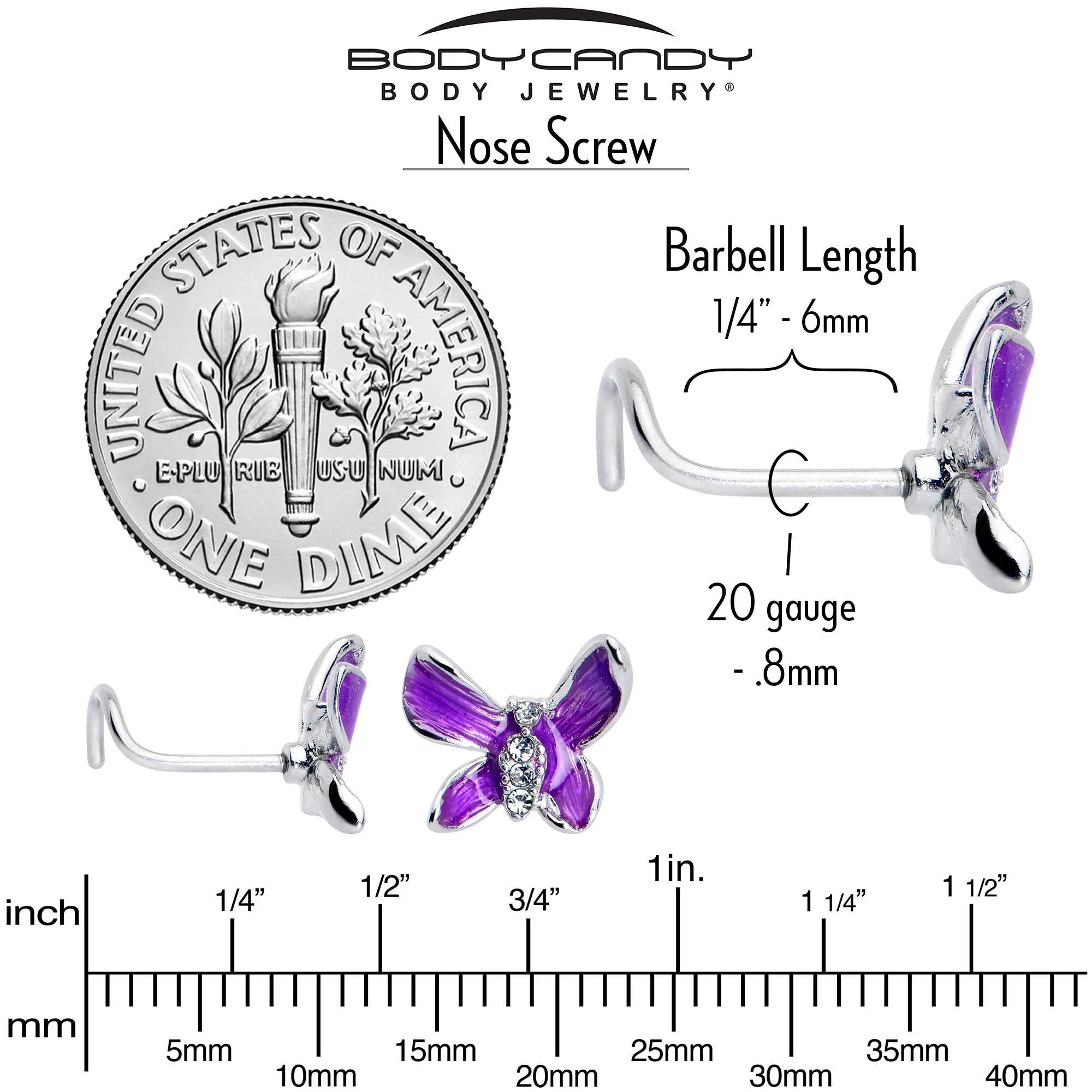 20G 7mm Clear Gem Chunky Butterfly Purple Left Side Nose Screw - Image 5