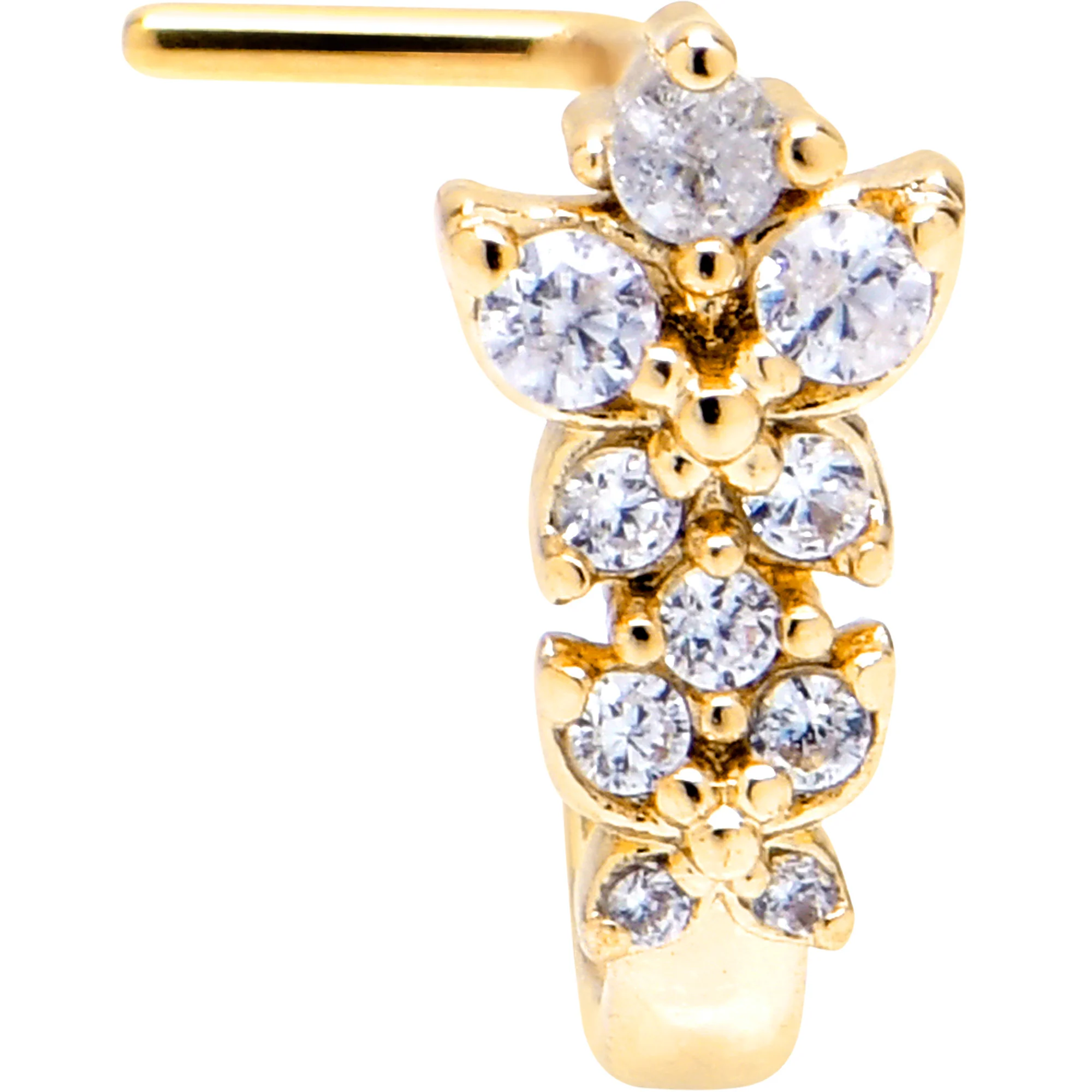 20G 7mm Clear Gem Gold Tone Flower Duo Faux Hoop L Shape Nose Ring - Image 2