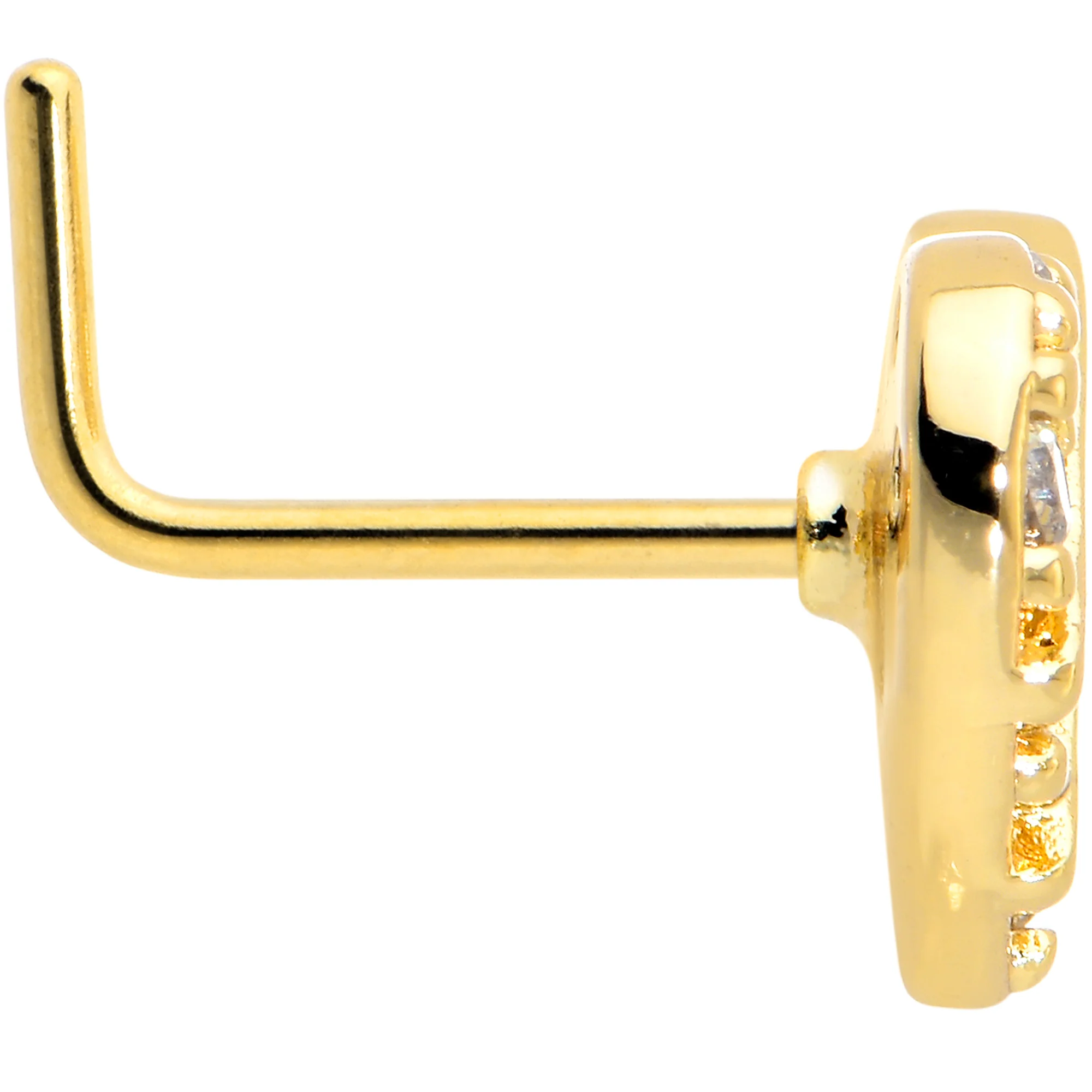 20G 7mm Clear Gem Gold Tone Lattice Heart L Shape Nose Ring - Image 3