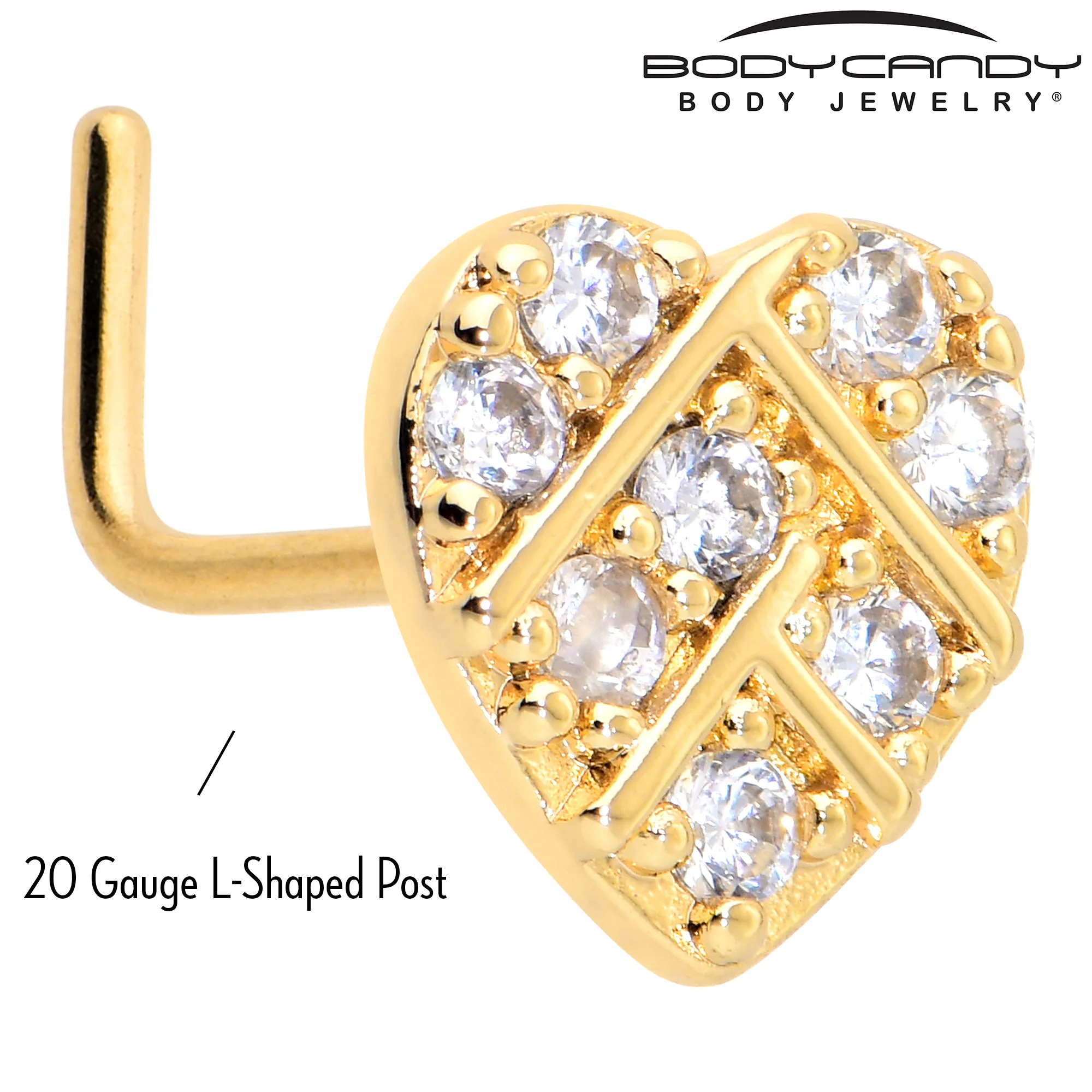20G 7mm Clear Gem Gold Tone Lattice Heart L Shape Nose Ring - Image 4
