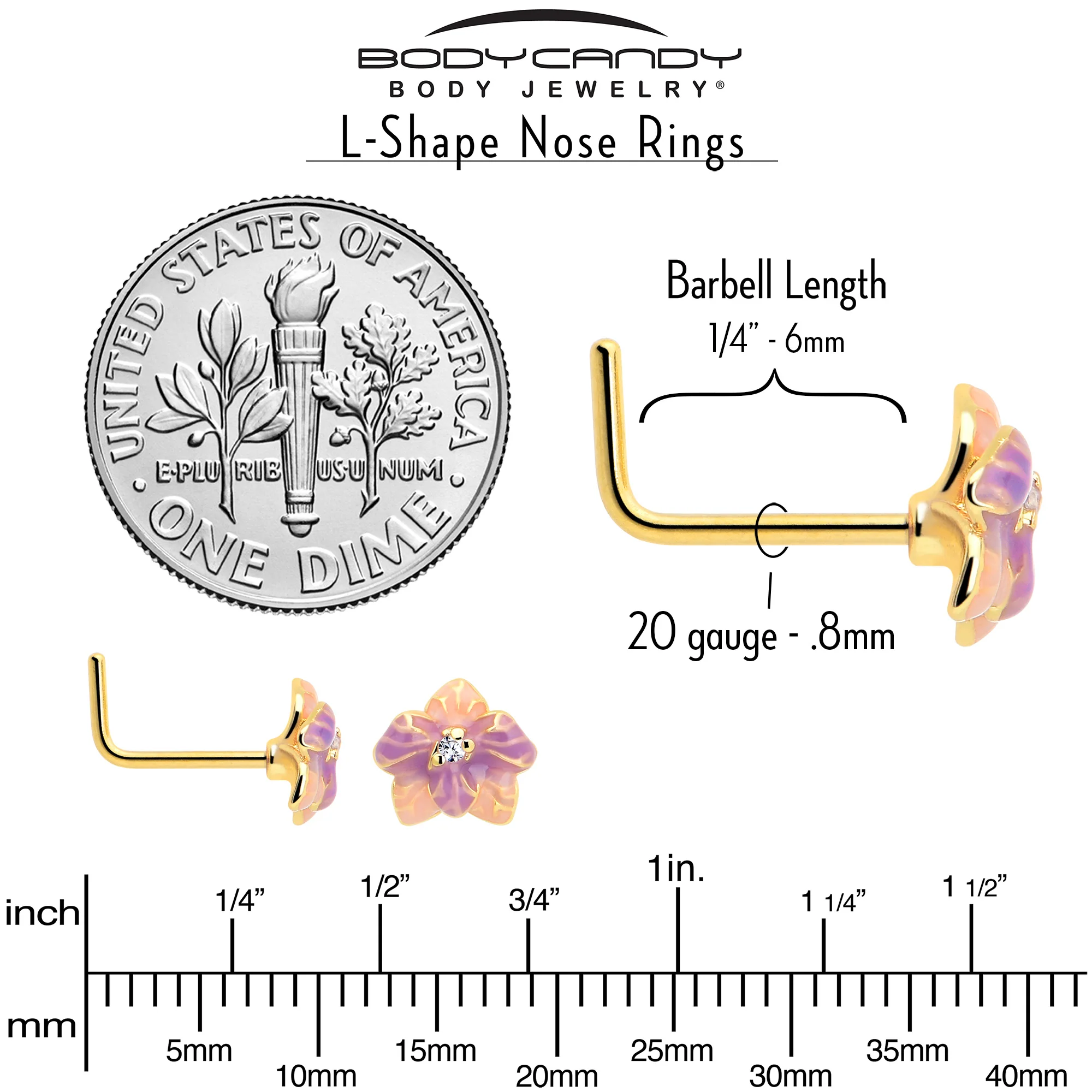 20G 7mm Clear Gem Gold Tone Pastel Flower L Shape Nose Ring - Image 4