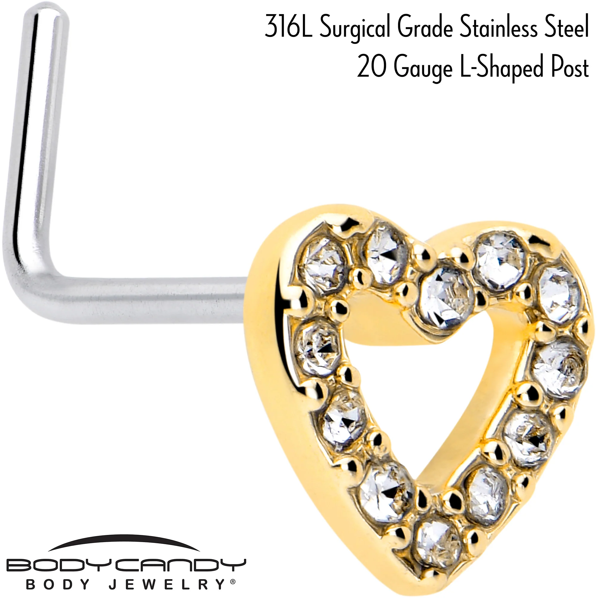 20G 7mm Clear Gem Golden Hollow Paved Heart L Shape Nose Ring - Image 2