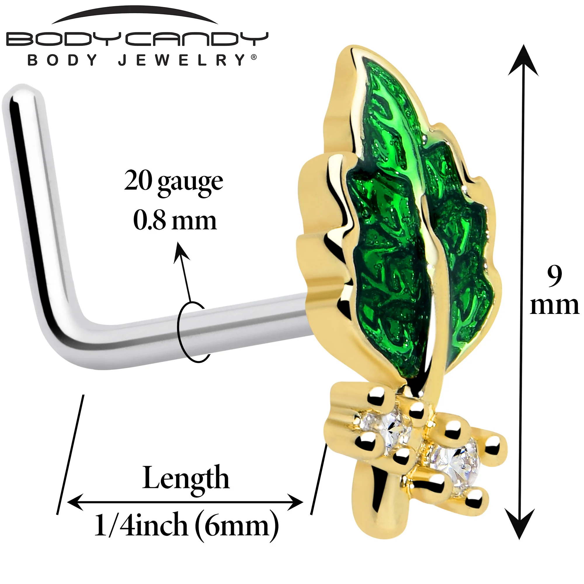 20G 7mm Clear Gem Green Leaf Golden L Shape Nose Ring - Image 2