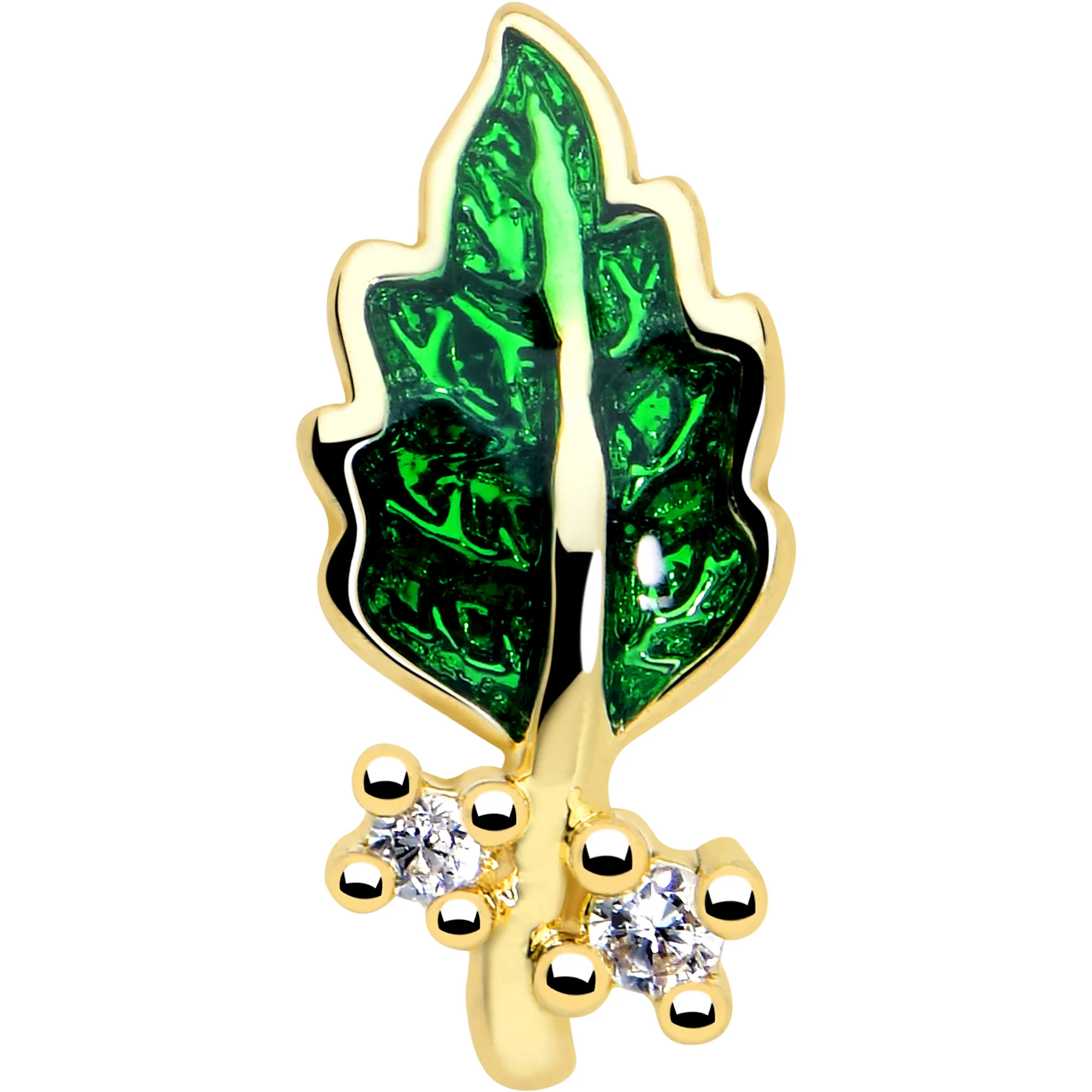 20G 7mm Clear Gem Green Leaf Golden L Shape Nose Ring - Image 3