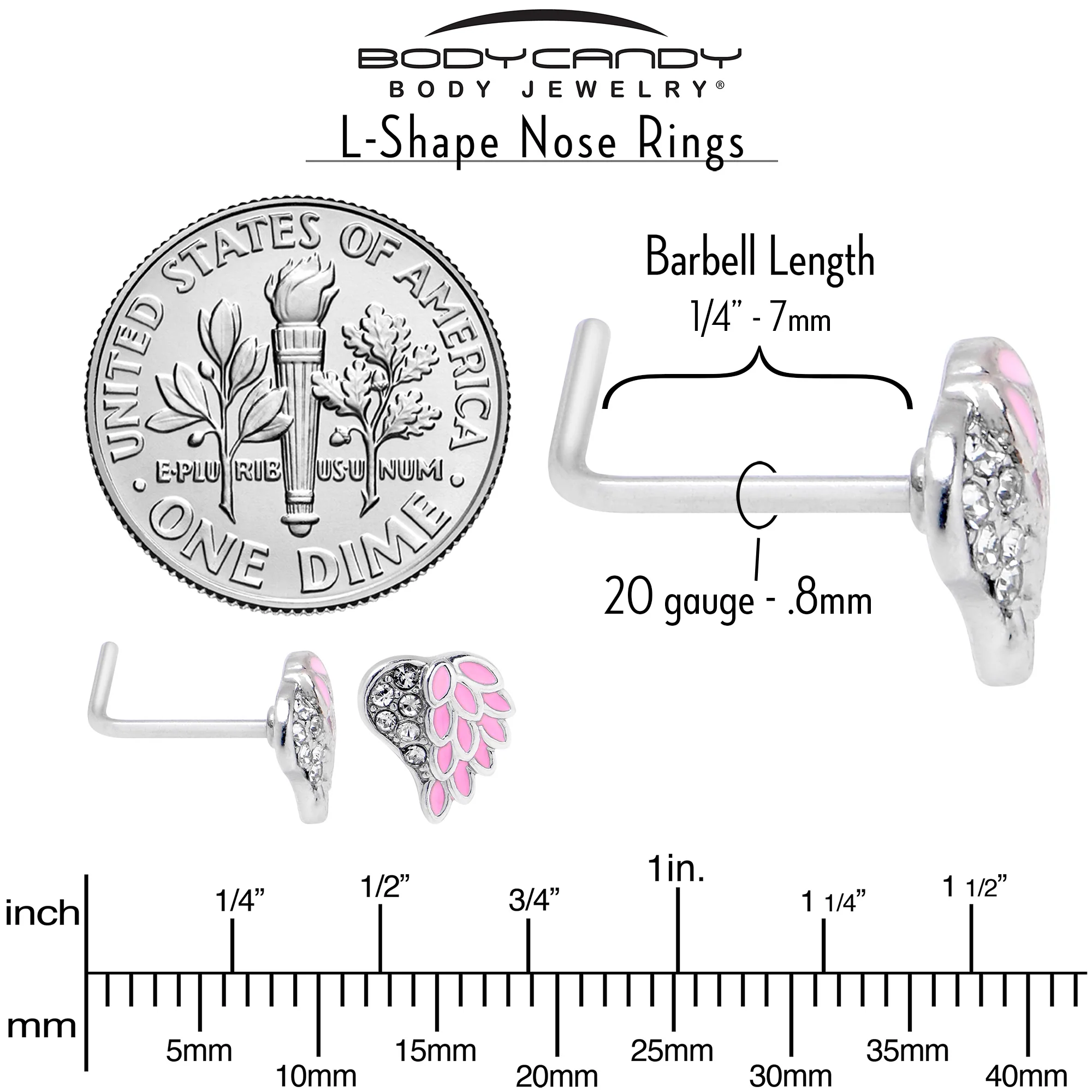 20G 7mm Clear Gem Heavenly Heart Angel Wing Pink L Shape Nose Ring - Image 6