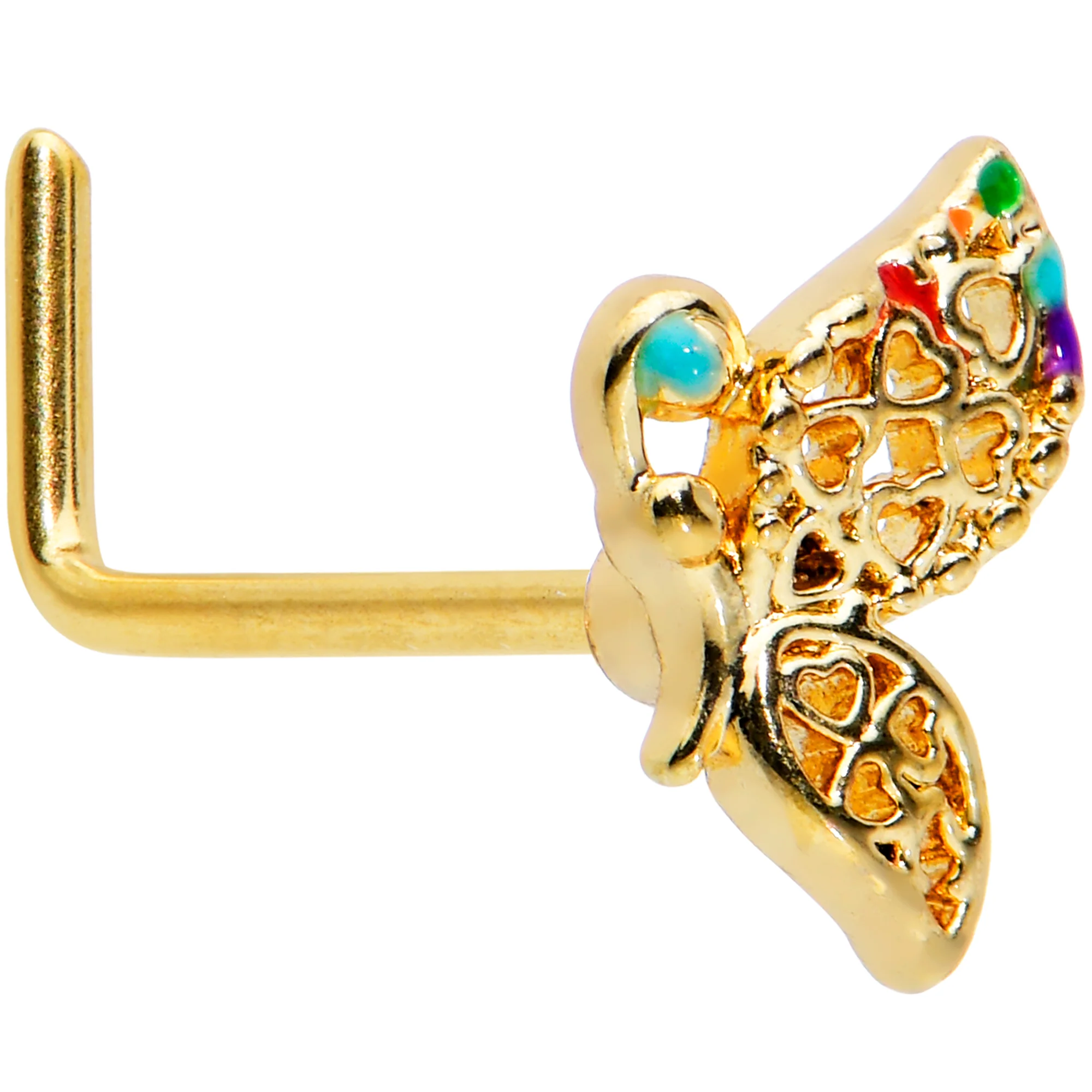 20G 7mm Gold Tone Hearts Butterfly L Shape Nose Ring