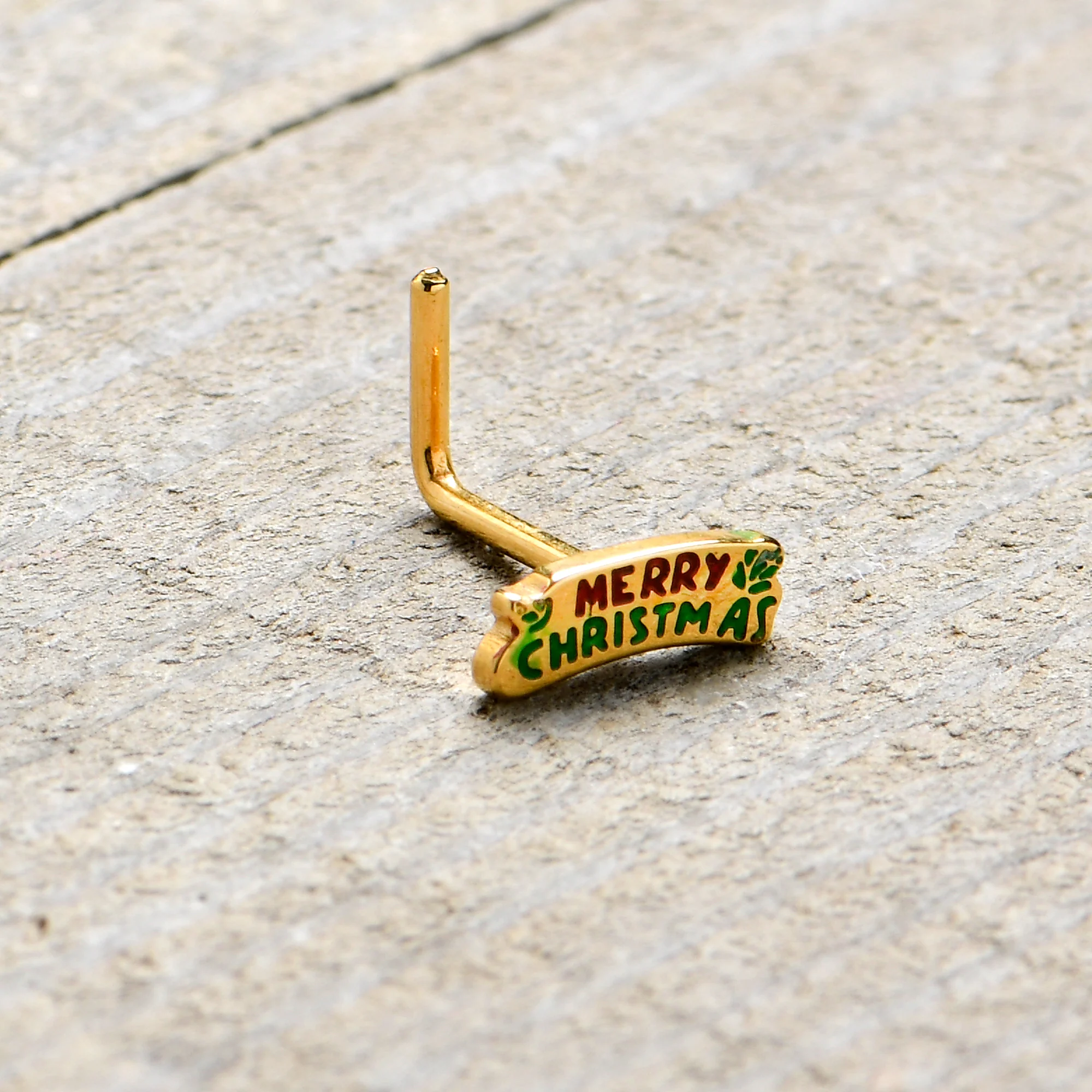 20G 7mm Gold Tone Merry Christmas Inlaid L Shape Nose Ring - Image 8
