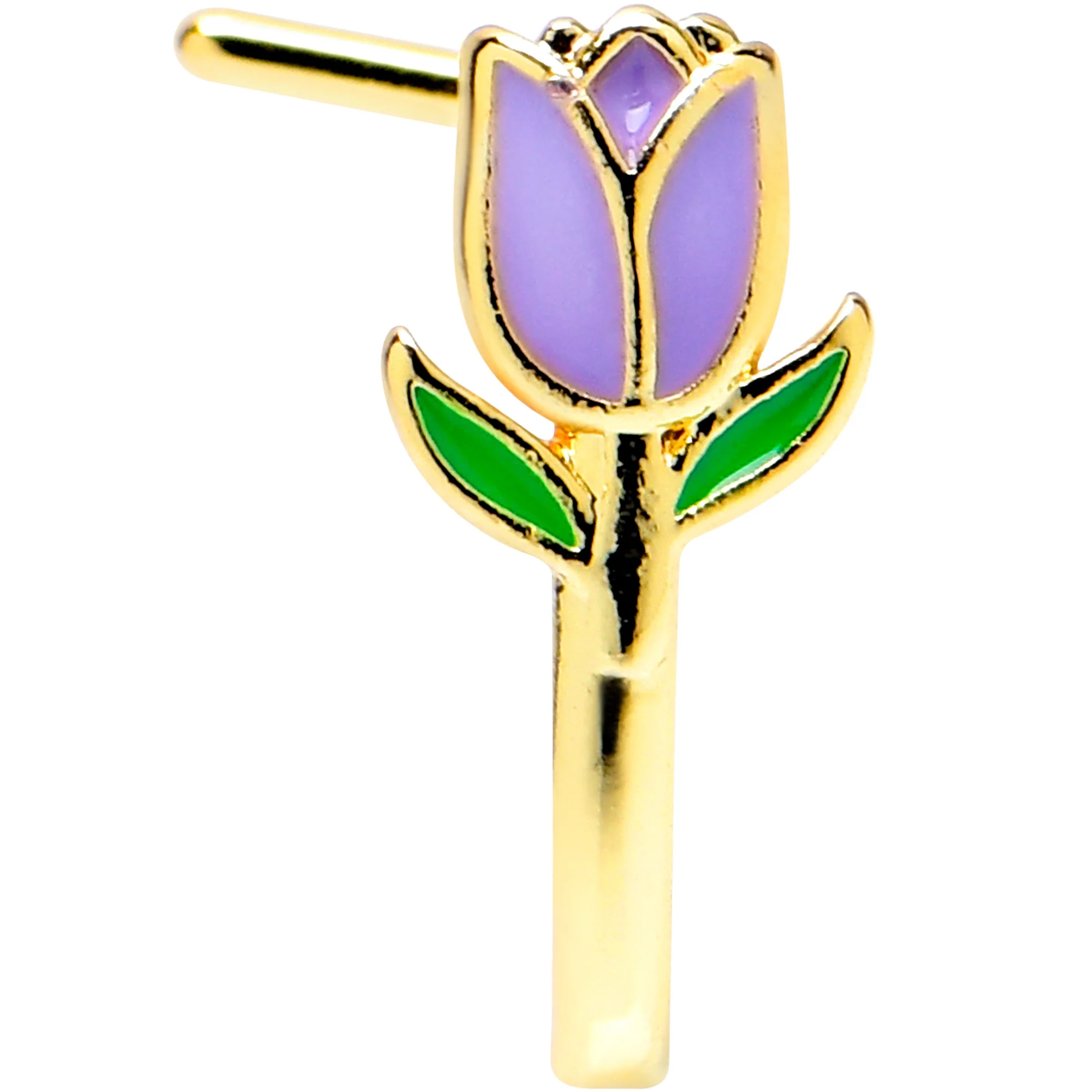20G 7mm Gold Tone Purple Tulip Flower Faux Hoop L Shape Nose Ring - Image 2