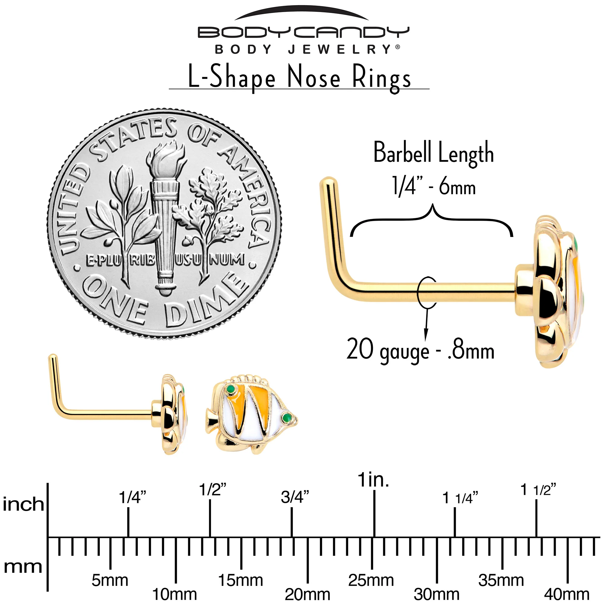 20G 7mm Gold Tone Tropical Fish L Shape Nose Ring Set of 3 - Image 6
