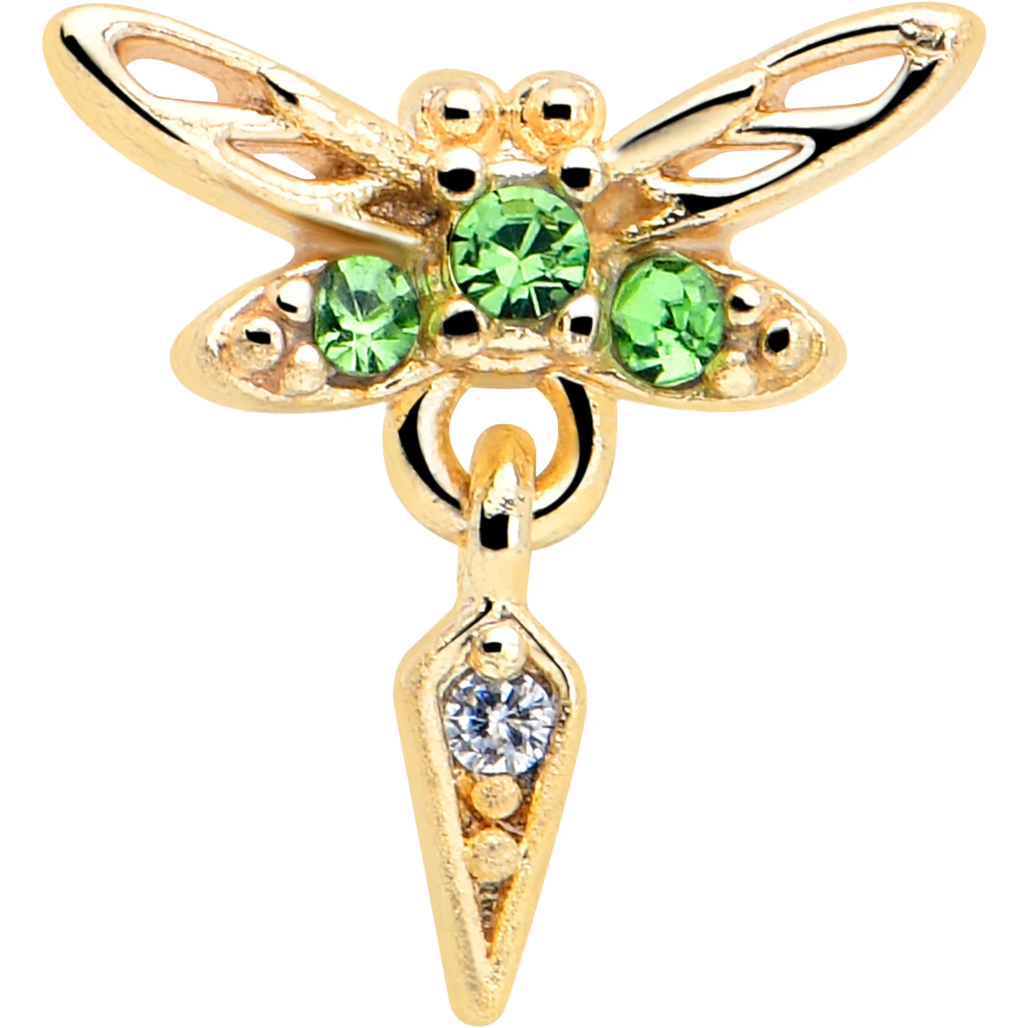 20G 7mm Green Gem Gold Tone Swank Dragonfly L Shape Nose Ring - Image 3