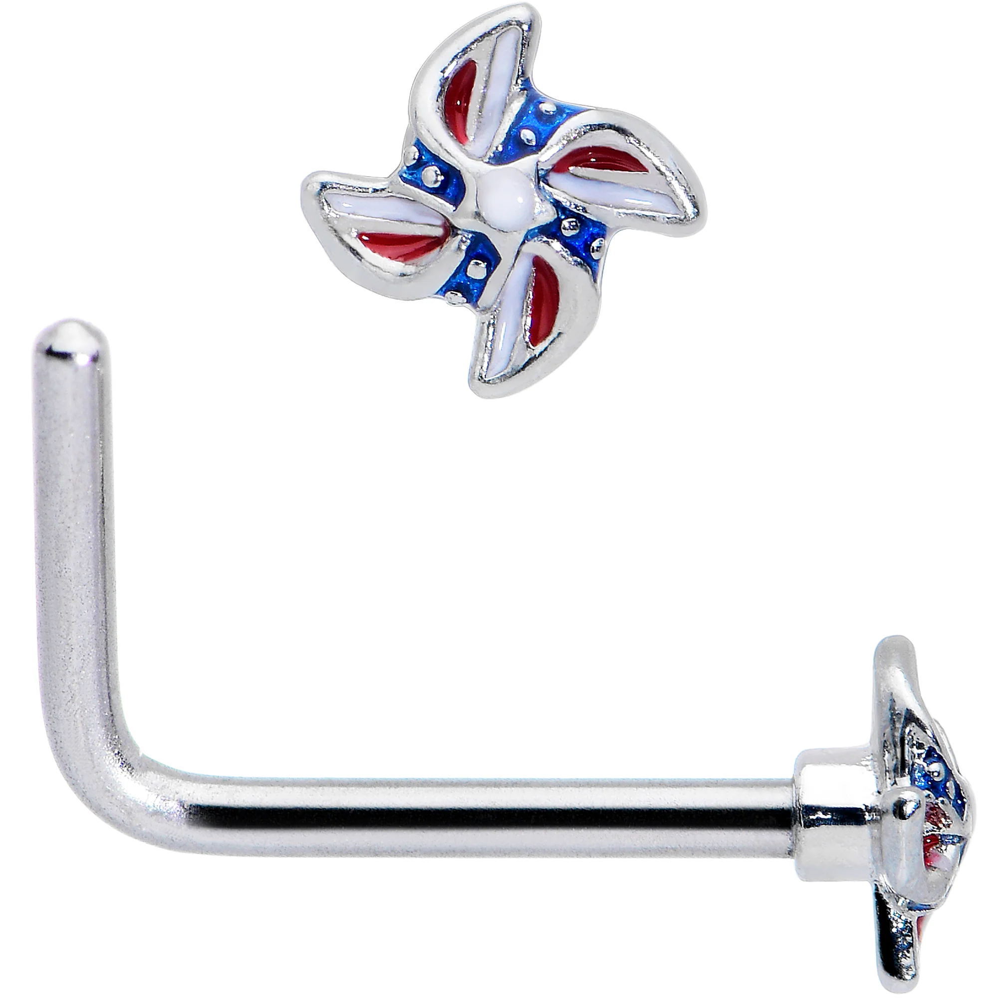 20G 7mm Patriotic Pinwheel L Shape Nose Ring - Image 2