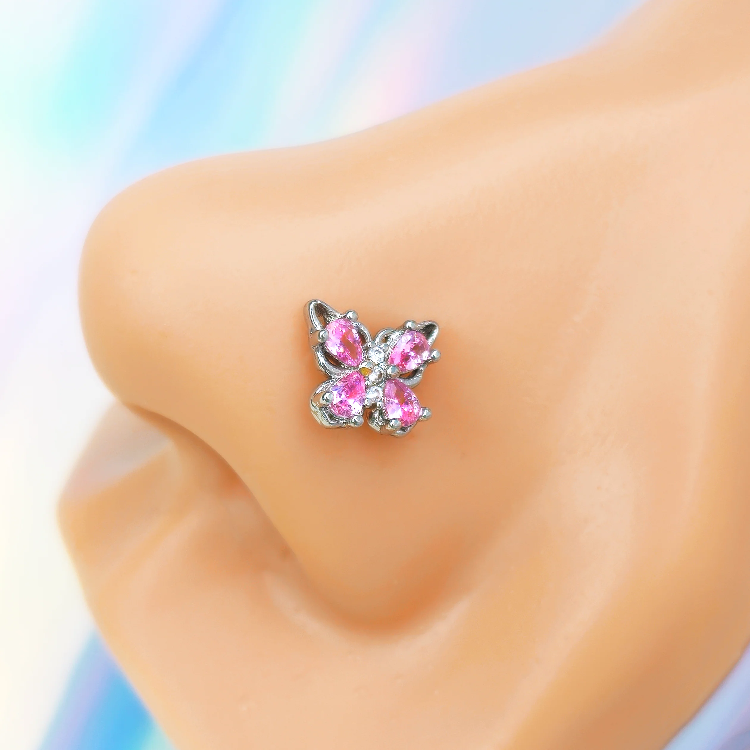 20G 7mm Pink Gem Baroque Beauty Butterfly Left Side Nose Screw - Image 2