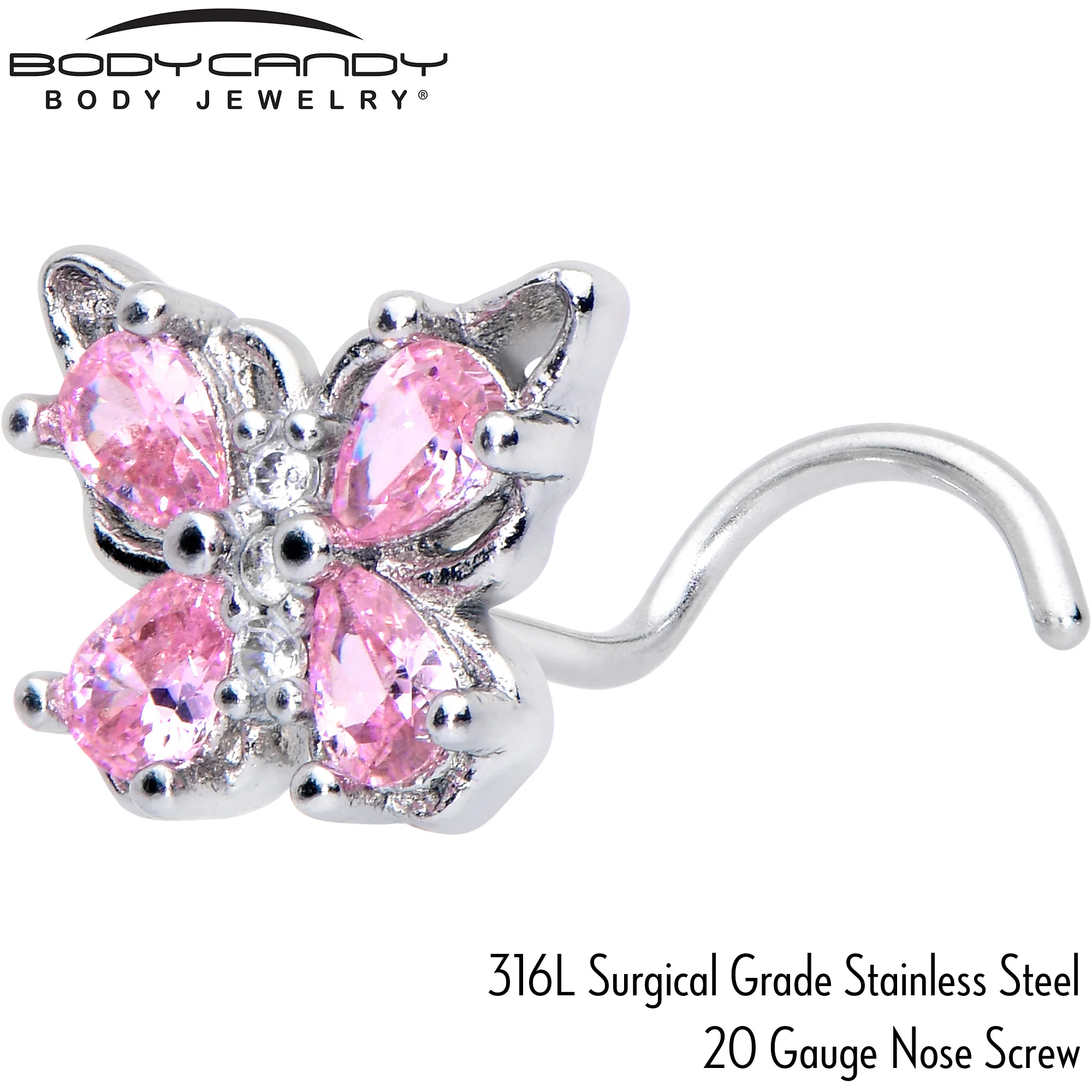 20G 7mm Pink Gem Baroque Beauty Butterfly Left Side Nose Screw - Image 6