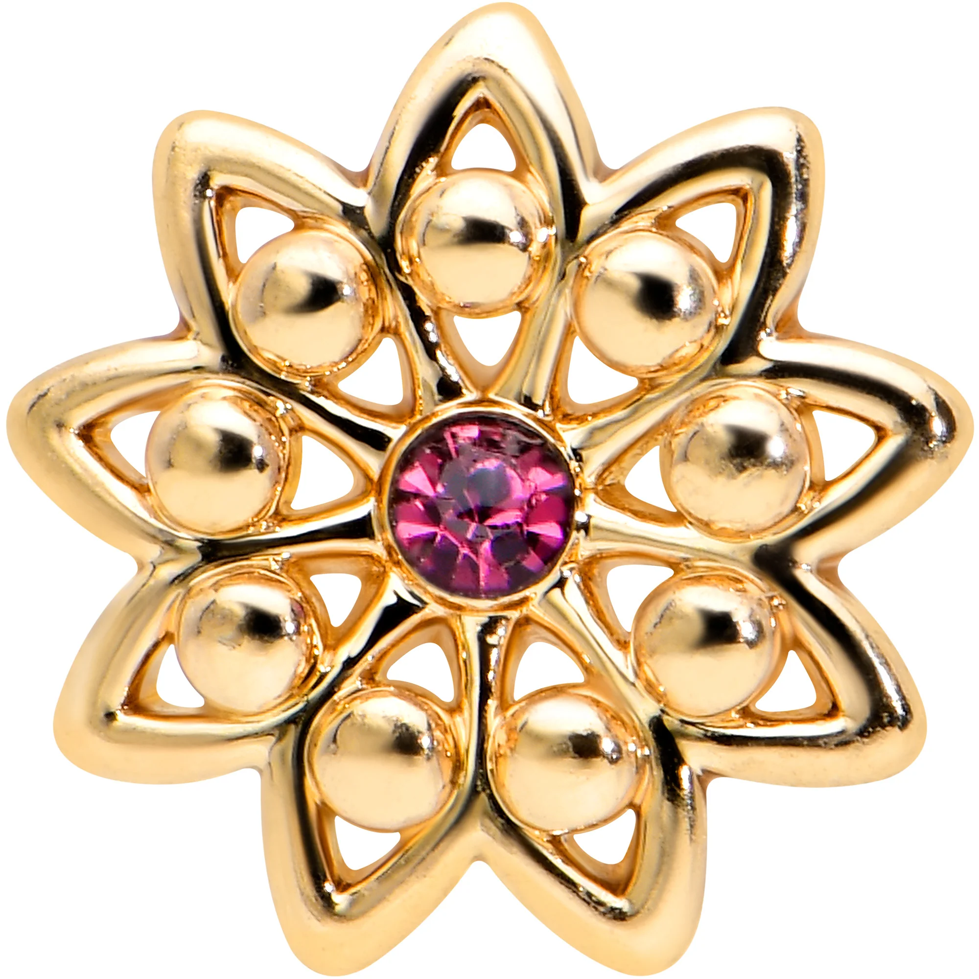20G 7mm Pink Gem Gold Tone Starry Flower L Shape Nose Ring - Image 2