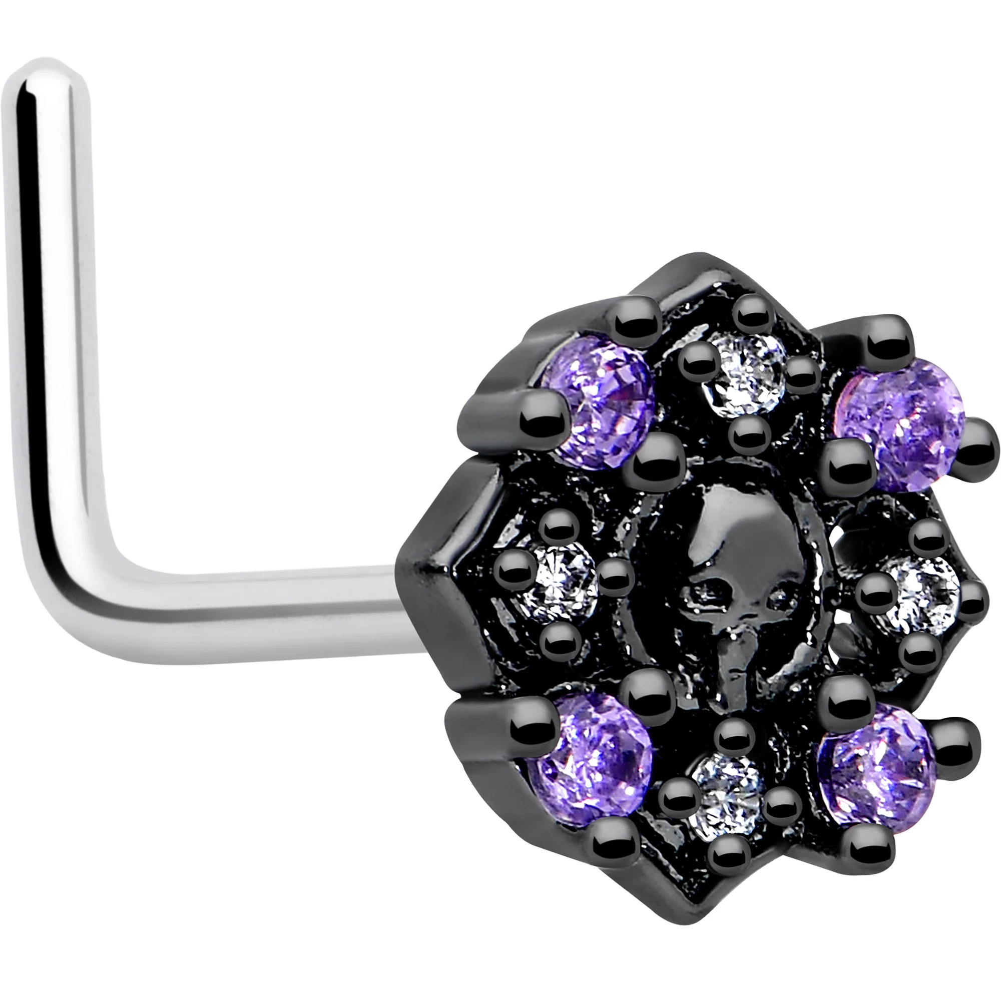 20G 7mm Pink Gem Skull Cross L Shape Nose Ring