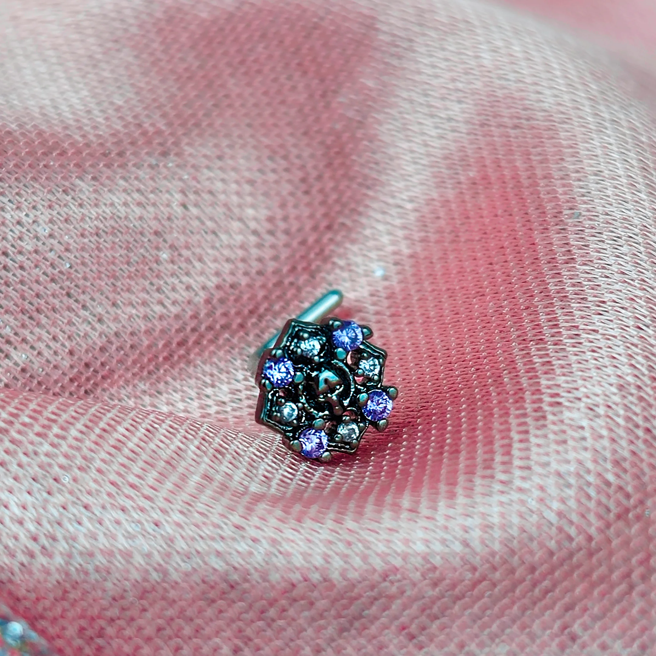 20G 7mm Pink Gem Skull Cross L Shape Nose Ring - Image 6
