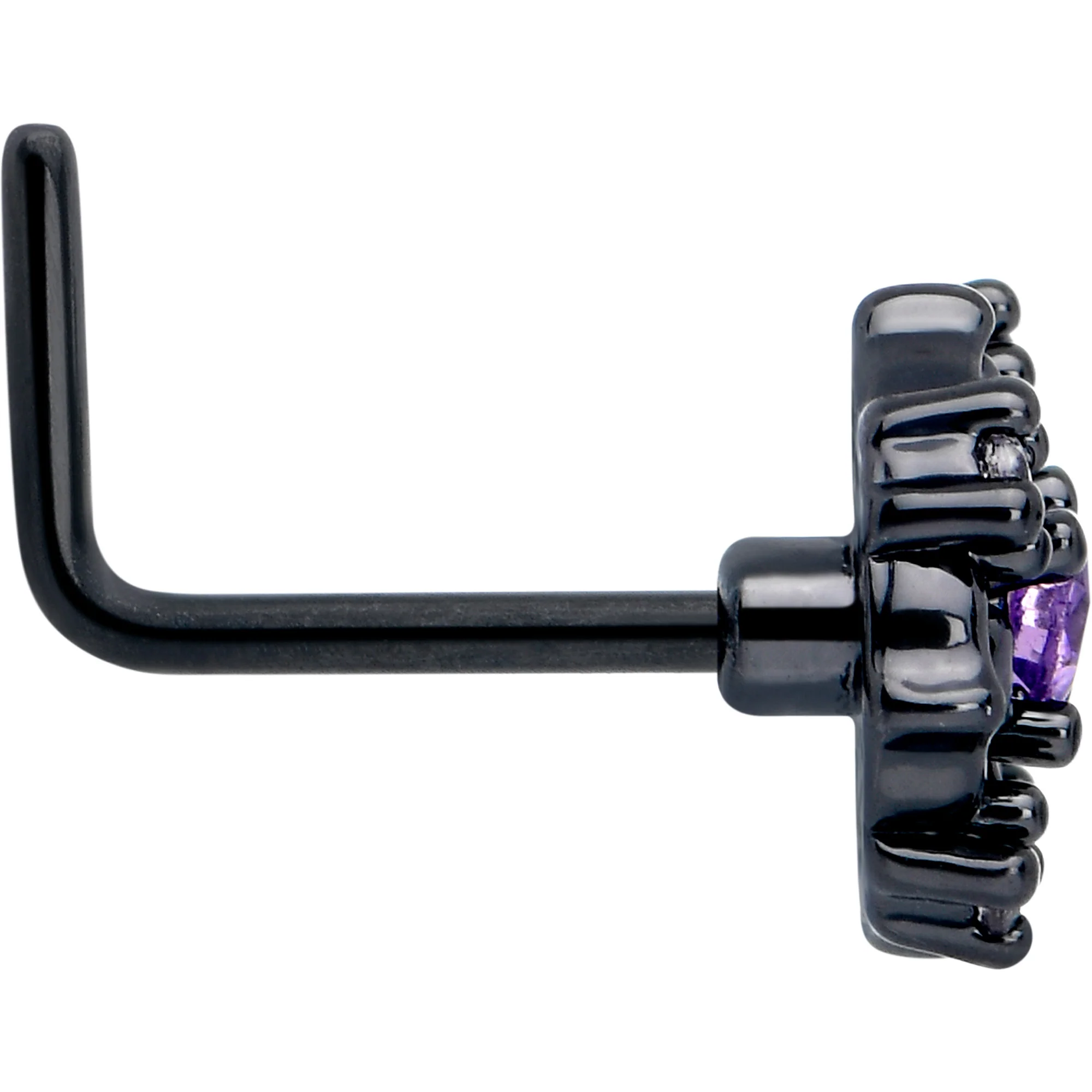 20G 7mm Purple CZ Gem Black Flower Ring L Shape Nose Ring - Image 4
