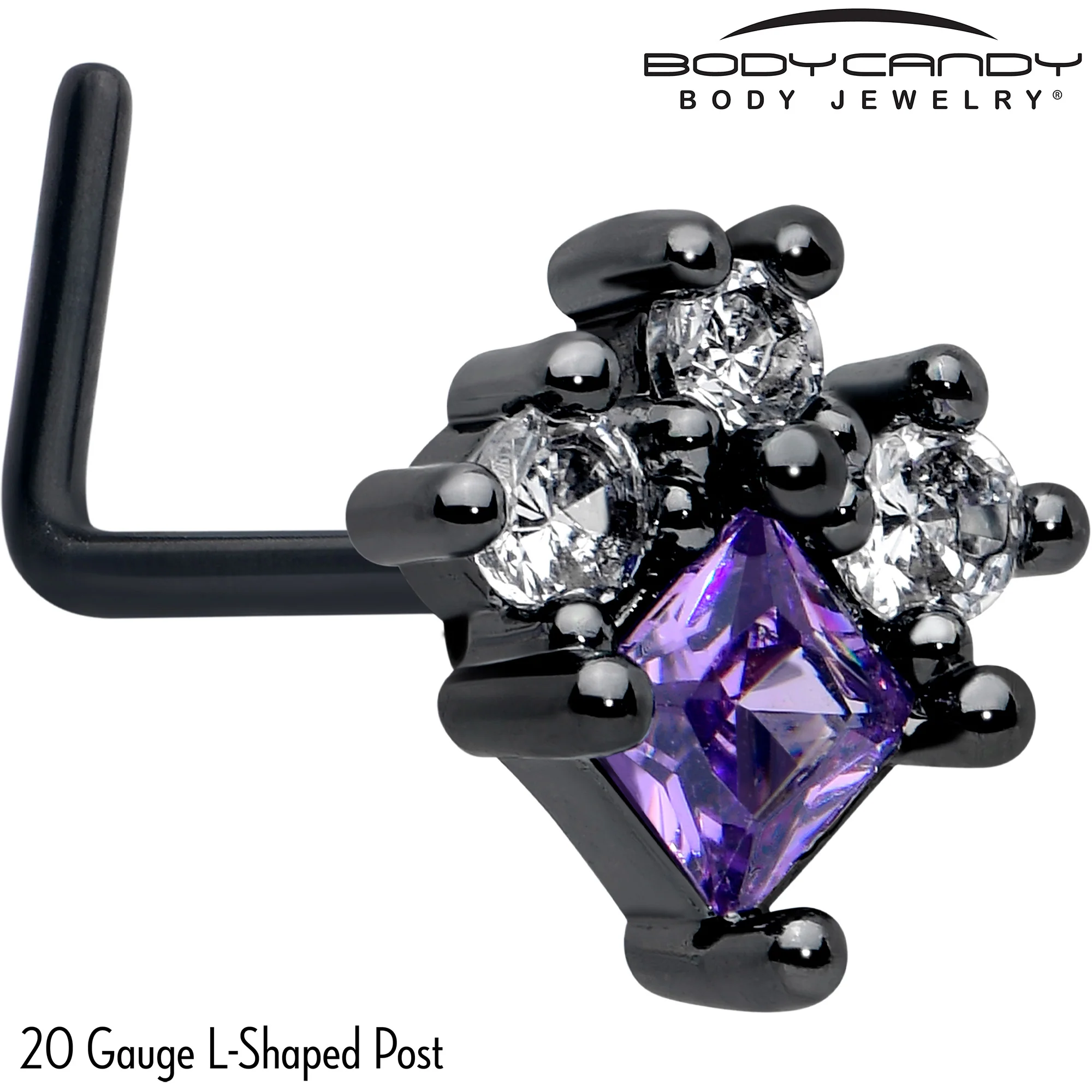 20G 7mm Purple CZ Gem Black Rhombus Riot L Shape Nose Ring - Image 2