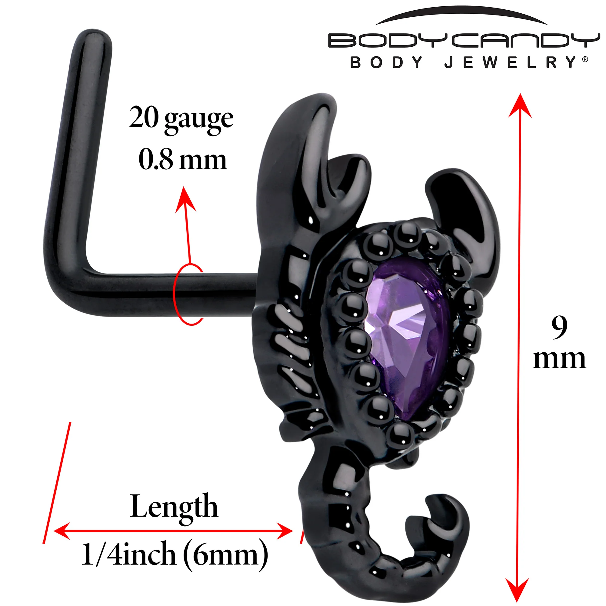 20G 7mm Purple Gem Black Goth Scorpion L Shape Nose Ring - Image 2