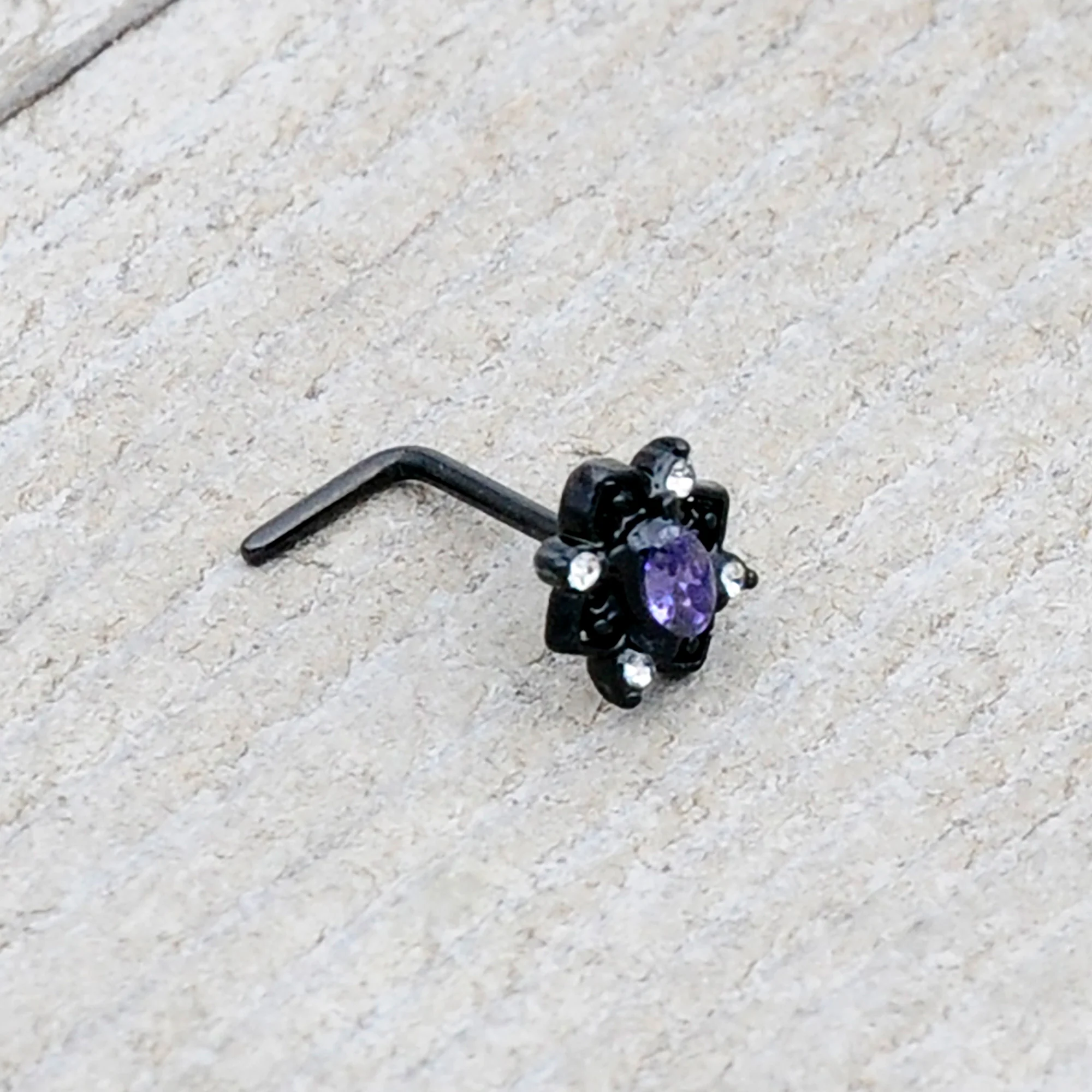 20G 7mm Purple Gem Black Scrolling Hearts L Shape Nose Ring - Image 6
