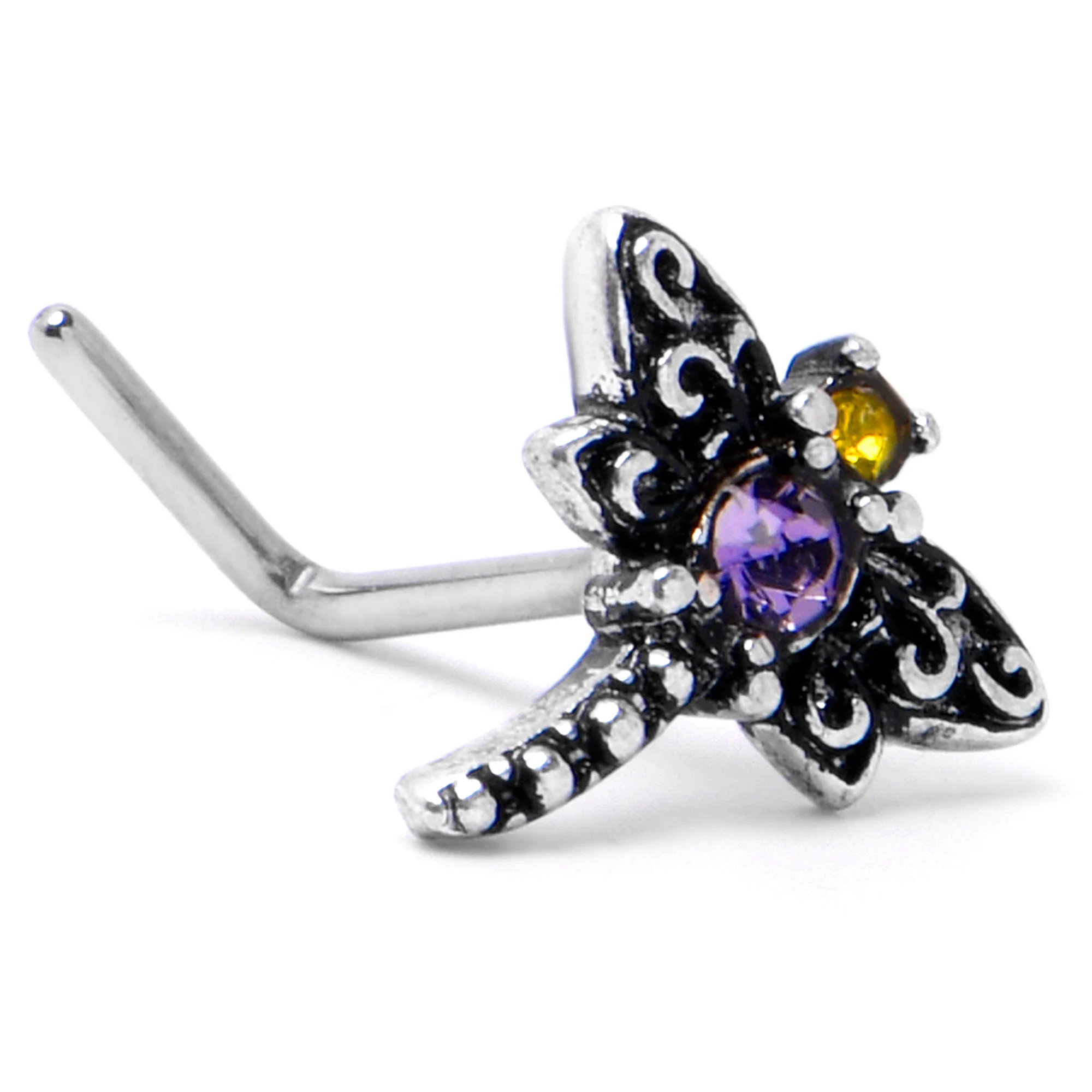 20G 7mm Purple Yellow Gem Dragonfly L Shape Nose Ring - Image 5