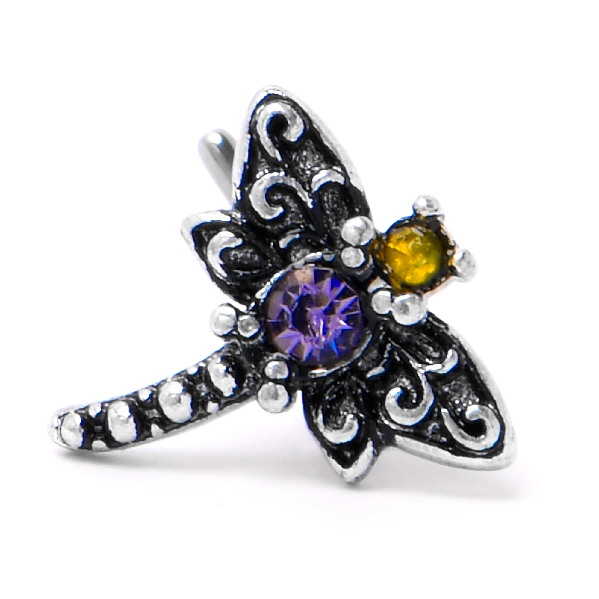 20G 7mm Purple Yellow Gem Dragonfly L Shape Nose Ring - Image 6