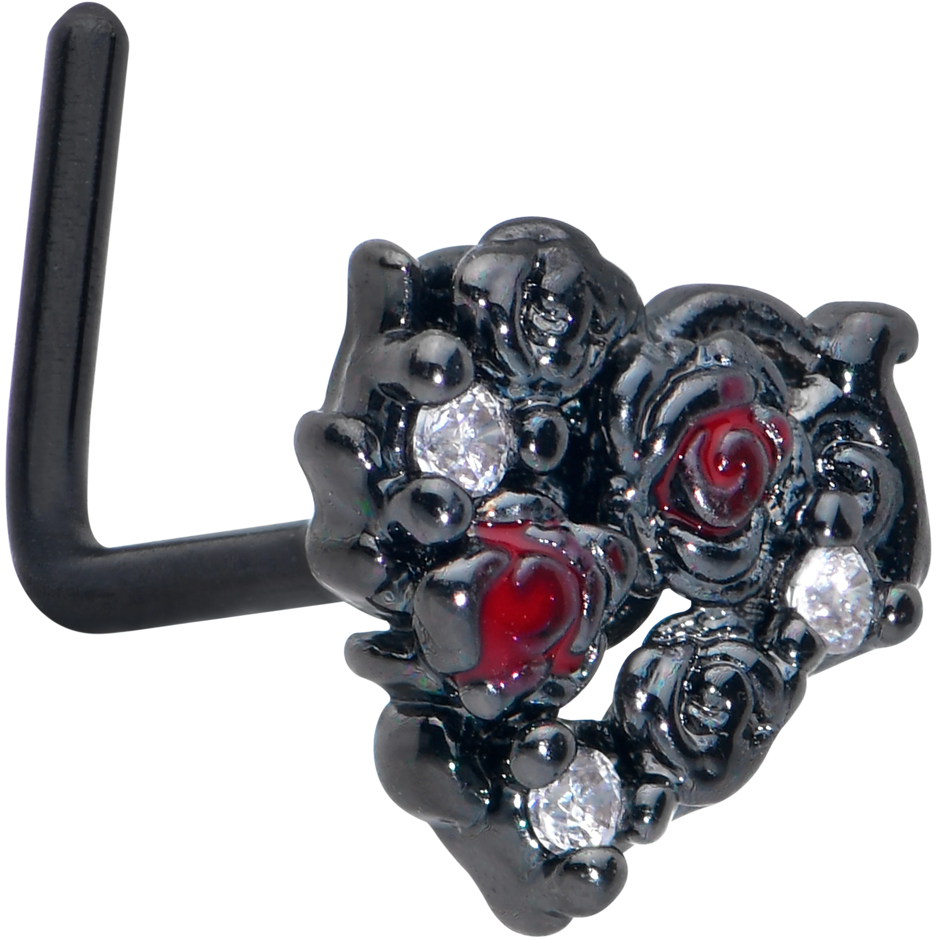 20G 7mm Red Clear Gem Black Floral Heart L Shape Nose Ring