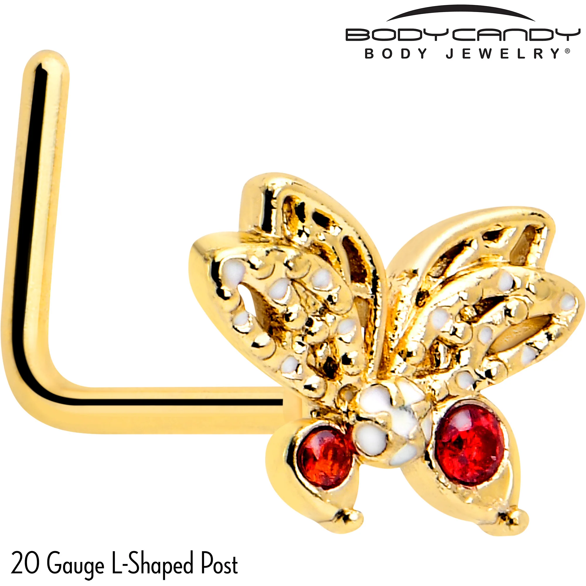 20G 7mm Red CZ Gem Gold Tone Drama Butterfly L Shape Nose Ring - Image 2