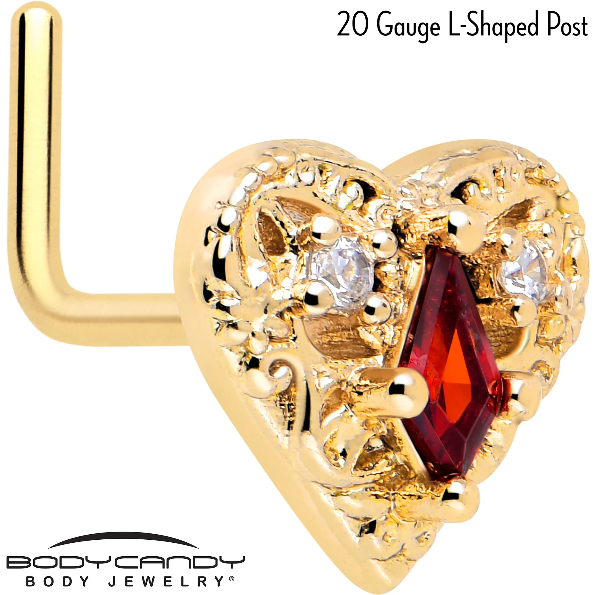 20G 7mm Red CZ Gem Gold Tone Heart Queen L Shape Nose Ring - Image 2