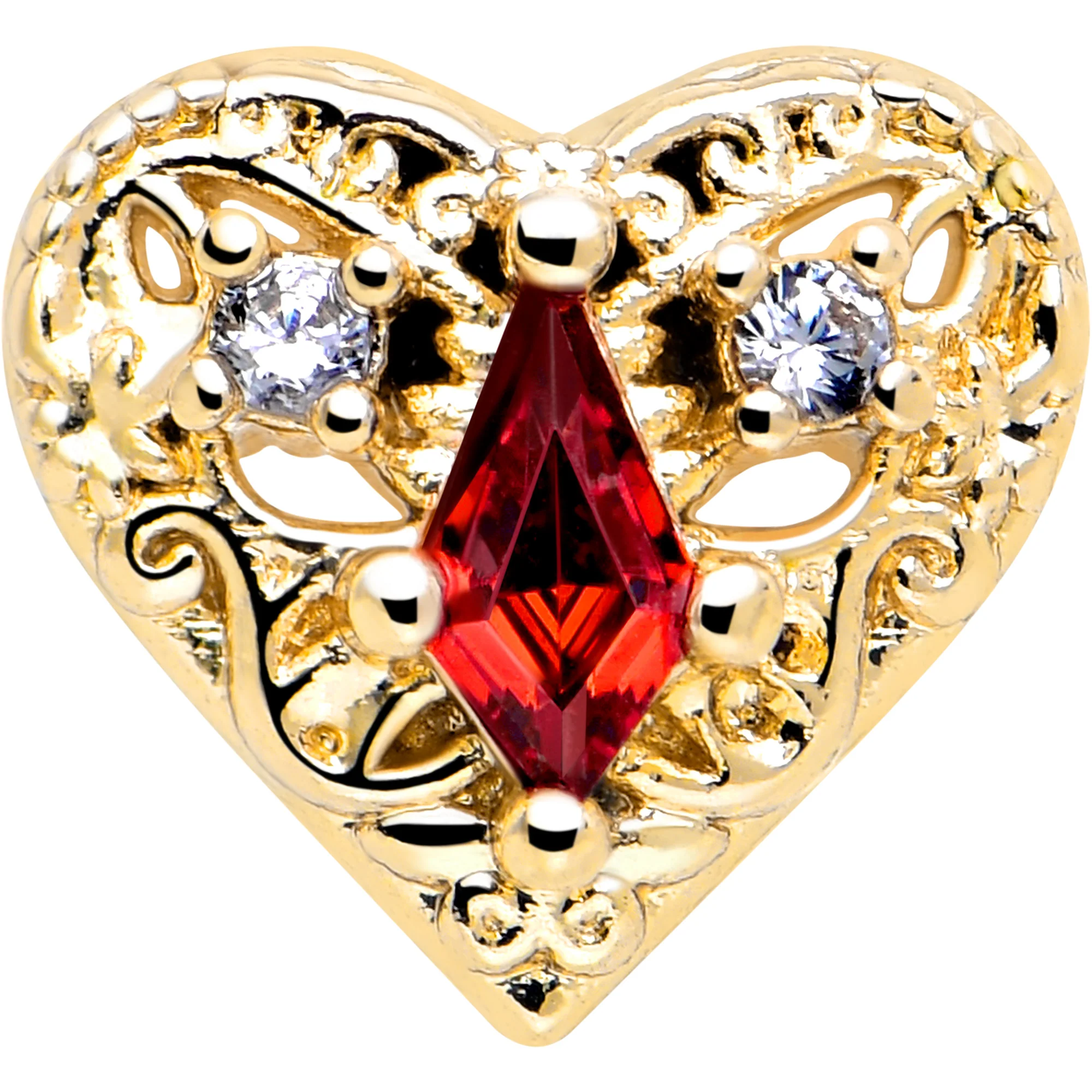 20G 7mm Red CZ Gem Gold Tone Heart Queen L Shape Nose Ring - Image 3