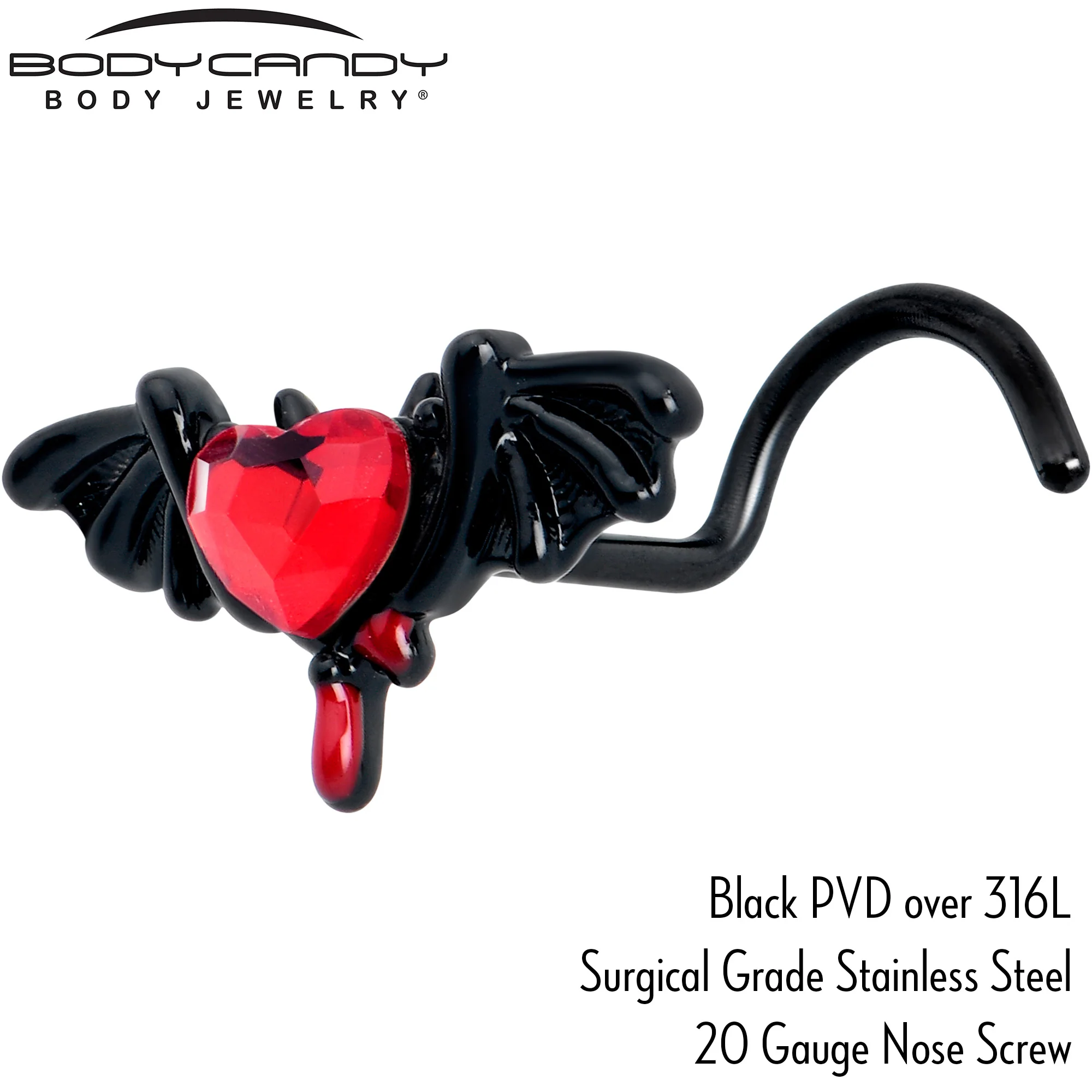20G 7mm Red Gem Black Bleeding Heart Bat Left Side Nose Screw - Image 5