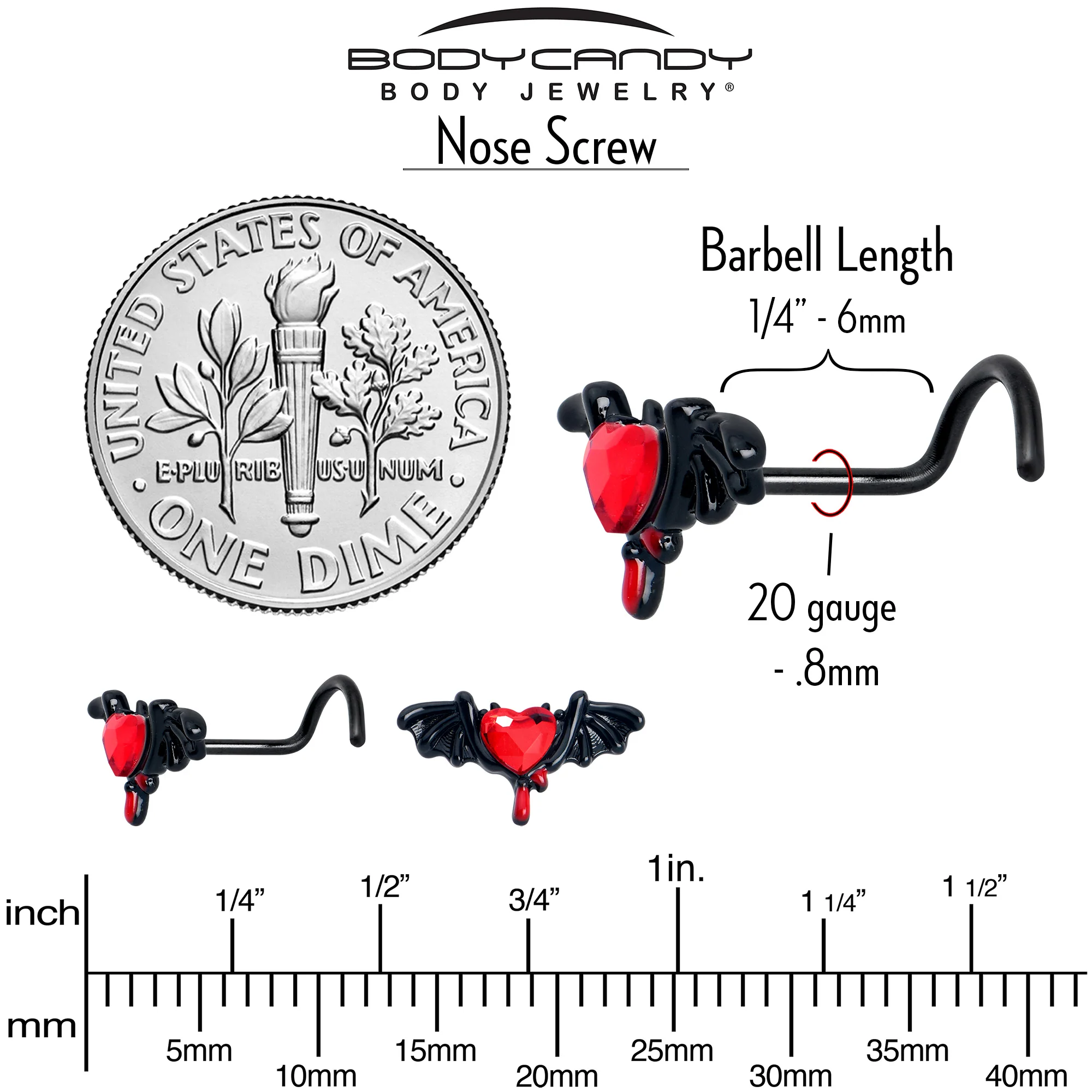 20G 7mm Red Gem Black Bleeding Heart Bat Left Side Nose Screw - Image 6