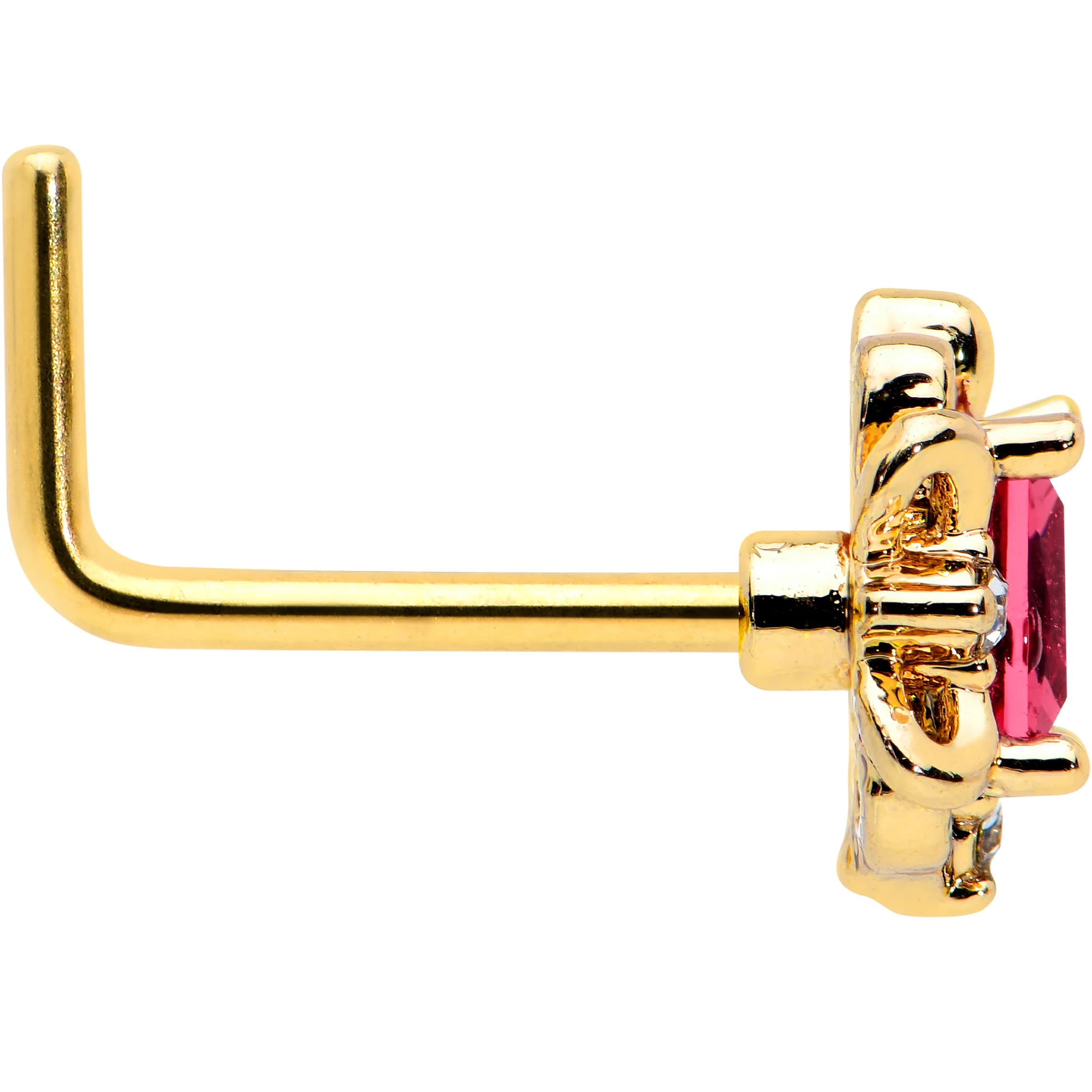 20G 7mm Red Gem Gold Tone Regal Escutcheon L Shape Nose Ring - Image 3