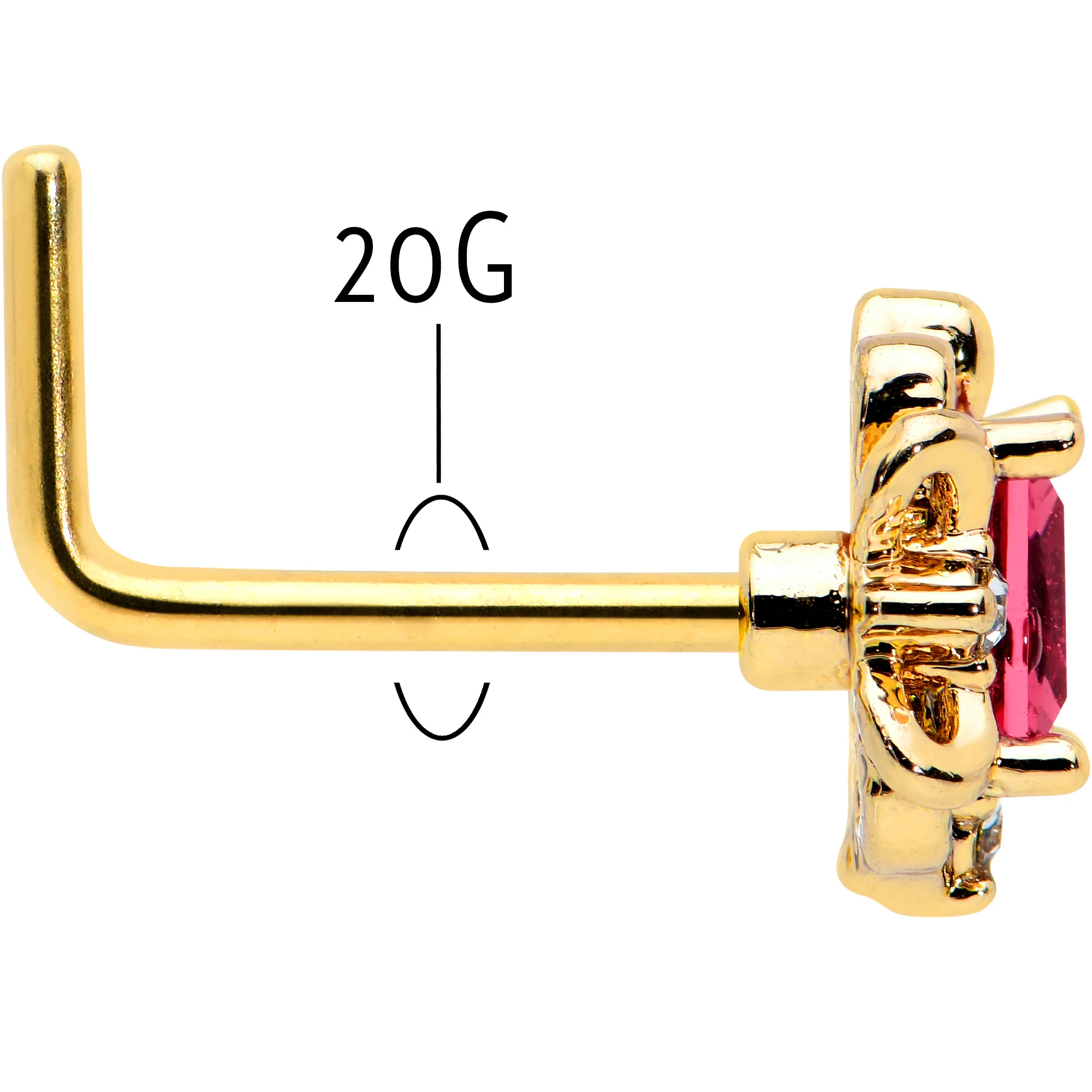 20G 7mm Red Gem Gold Tone Regal Escutcheon L Shape Nose Ring - Image 5