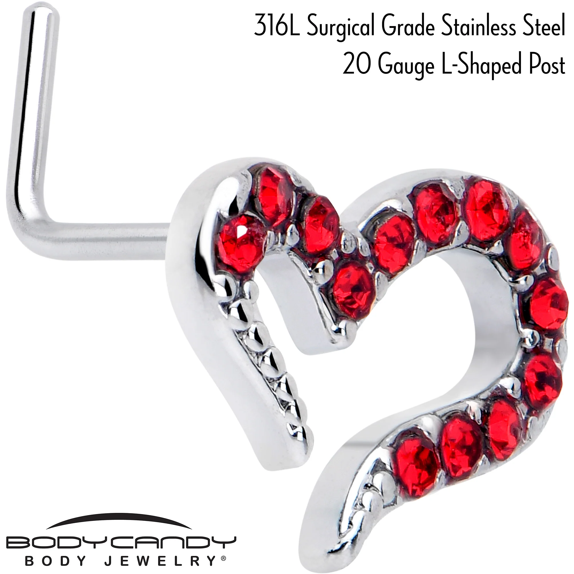 20G 7mm Red Gem Stylized Heart L Shape Nose Ring - Image 2