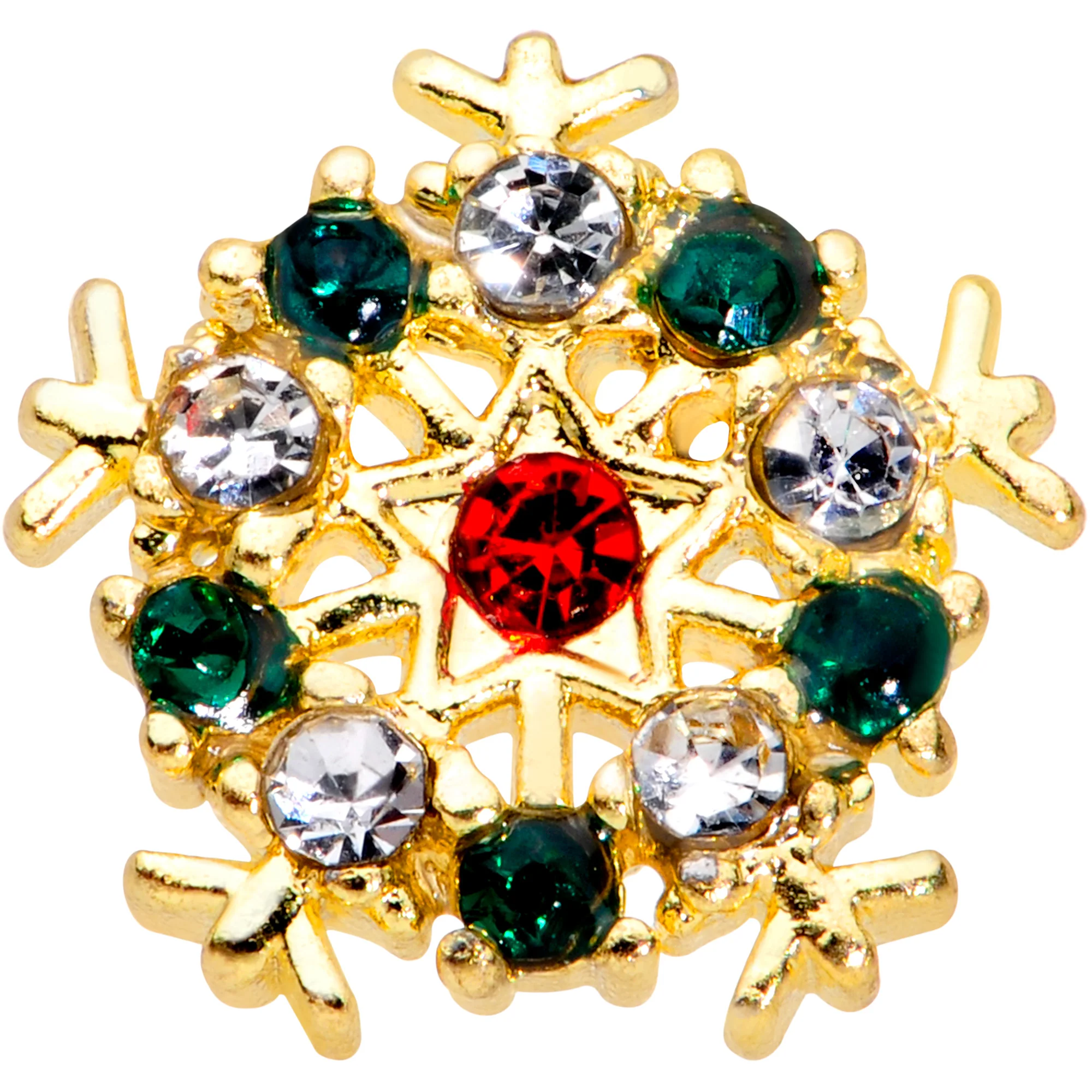 20G 7mm Red Green Gem Gold Tone Snowflake Christmas Nose Bone - Image 2