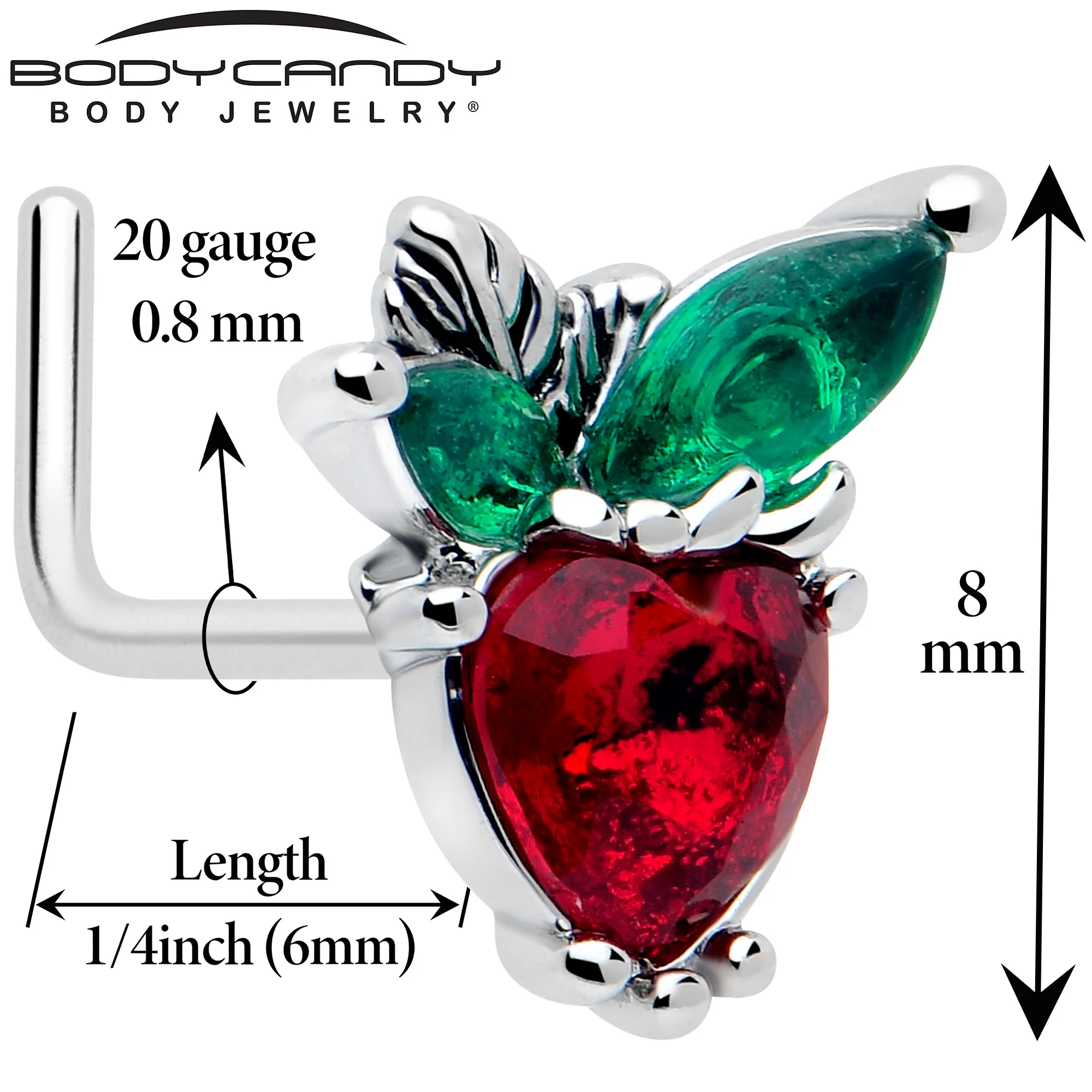 20G 7mm Red Green Gem Strawberry Heart L Shape Nose Ring - Image 2