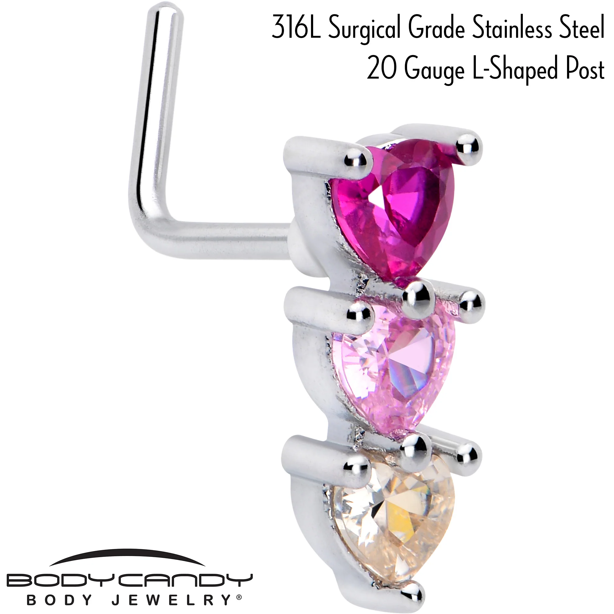 20G 7mm Red Pink CZ Gem Stacked Heart Trio L Shape Nose Ring - Image 2