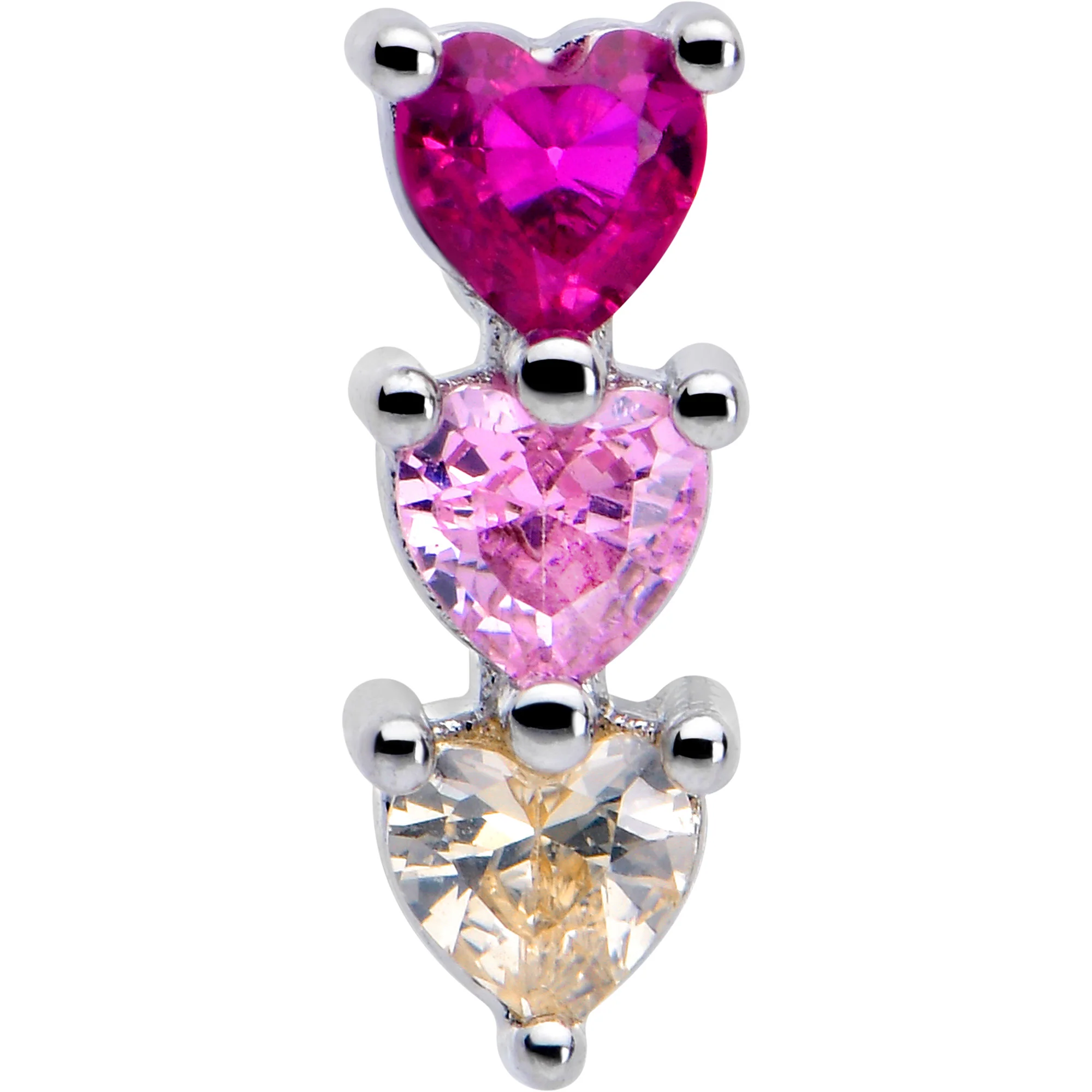 20G 7mm Red Pink CZ Gem Stacked Heart Trio L Shape Nose Ring - Image 3