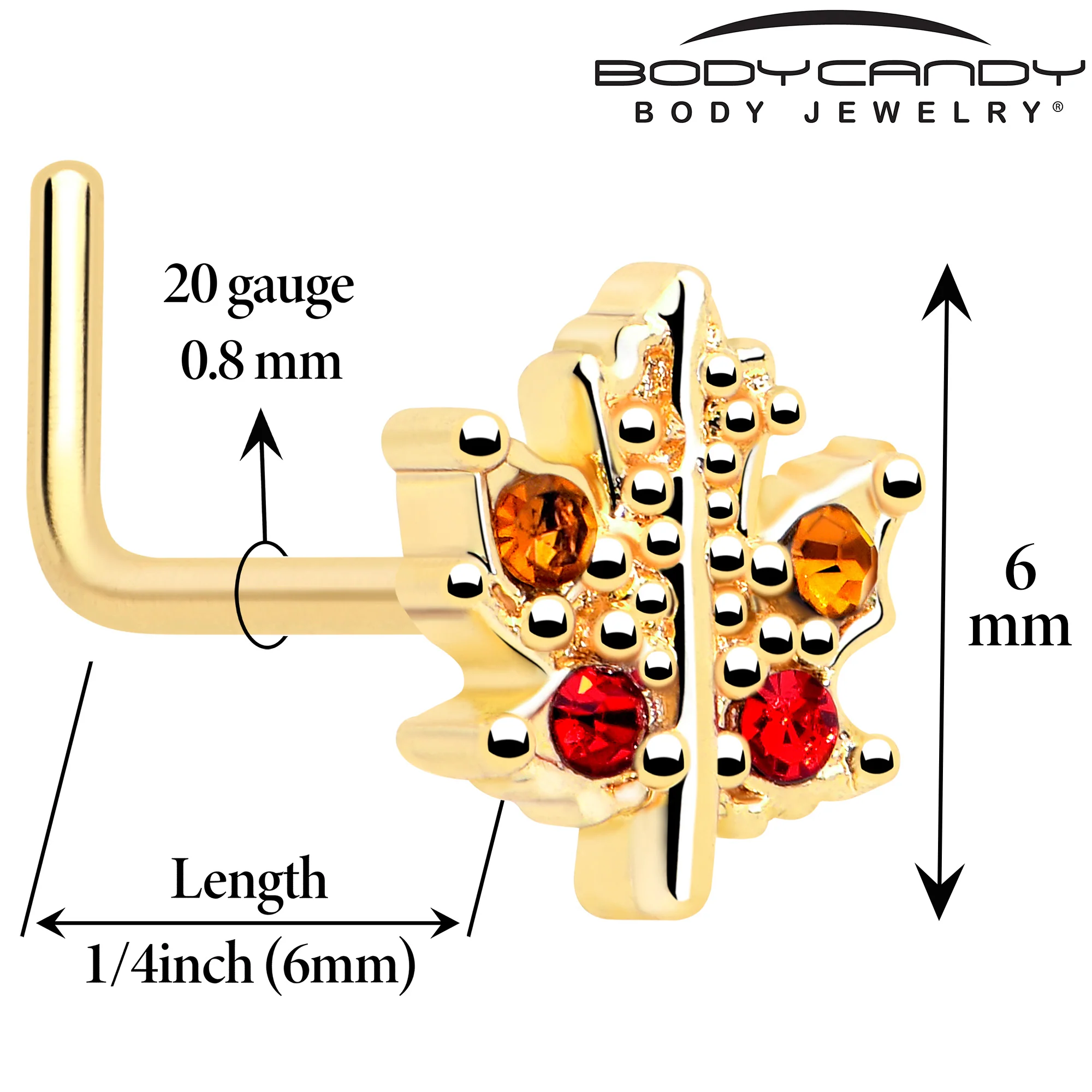 20G 7mm Red Yellow Gem Gold Tone Maple Leaf L Shape Nose Ring - Image 2