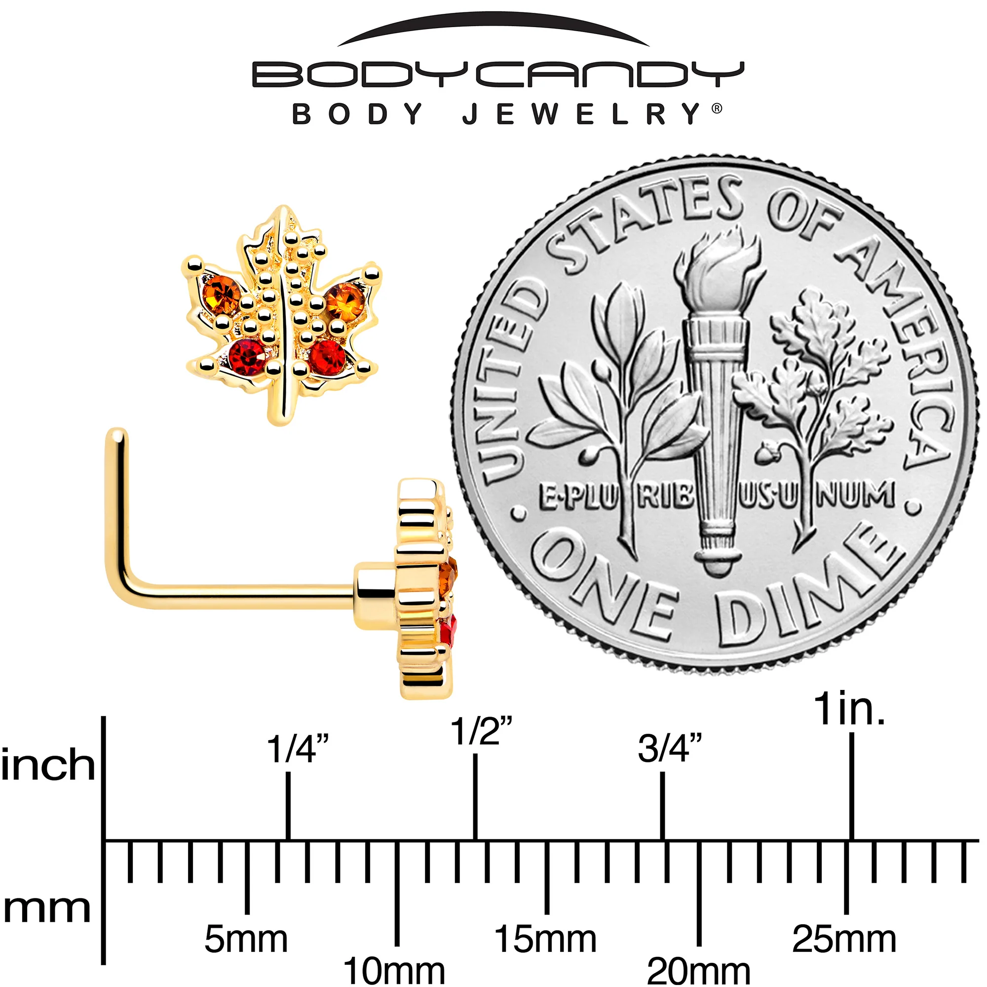 20G 7mm Red Yellow Gem Gold Tone Maple Leaf L Shape Nose Ring - Image 5
