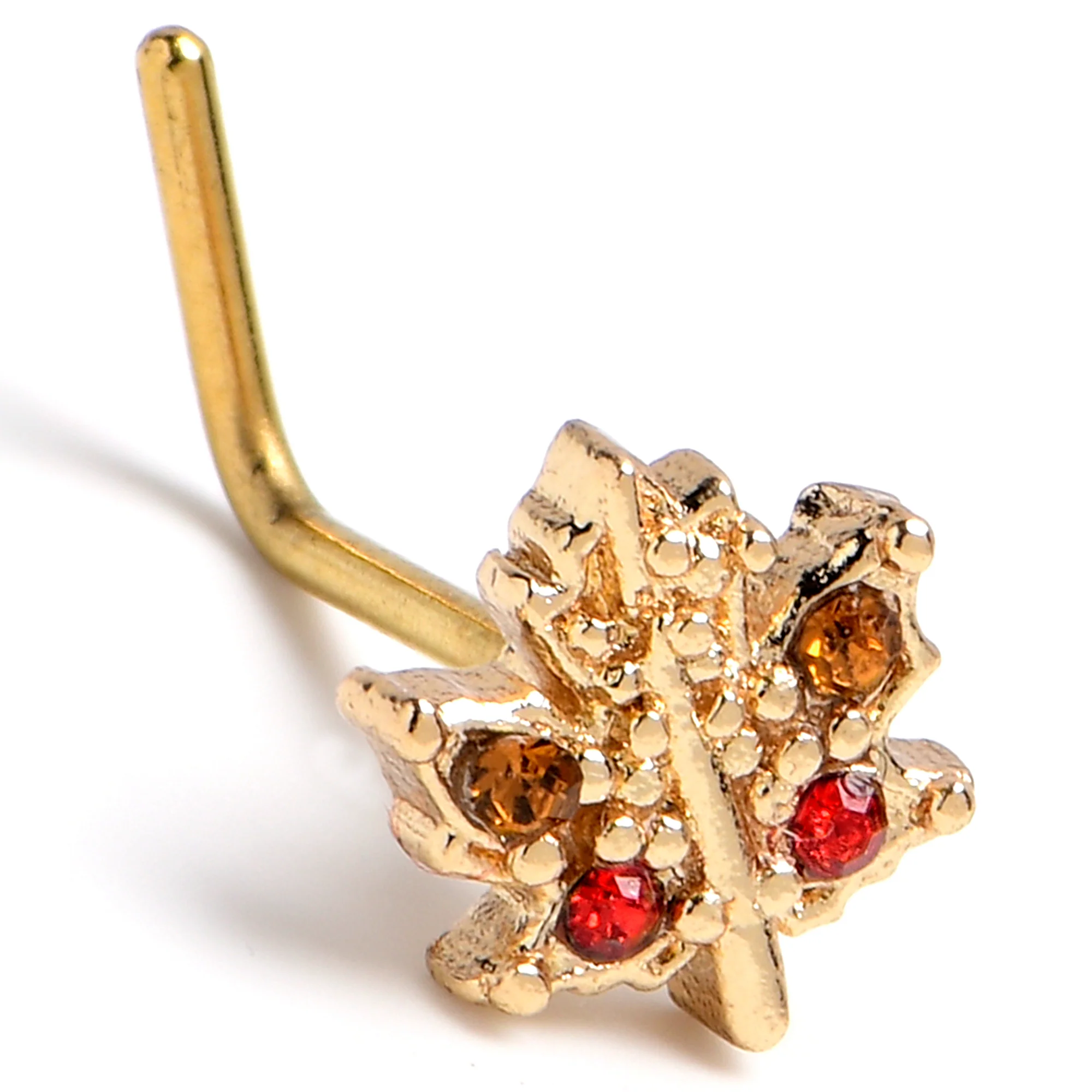 20G 7mm Red Yellow Gem Gold Tone Maple Leaf L Shape Nose Ring - Image 6
