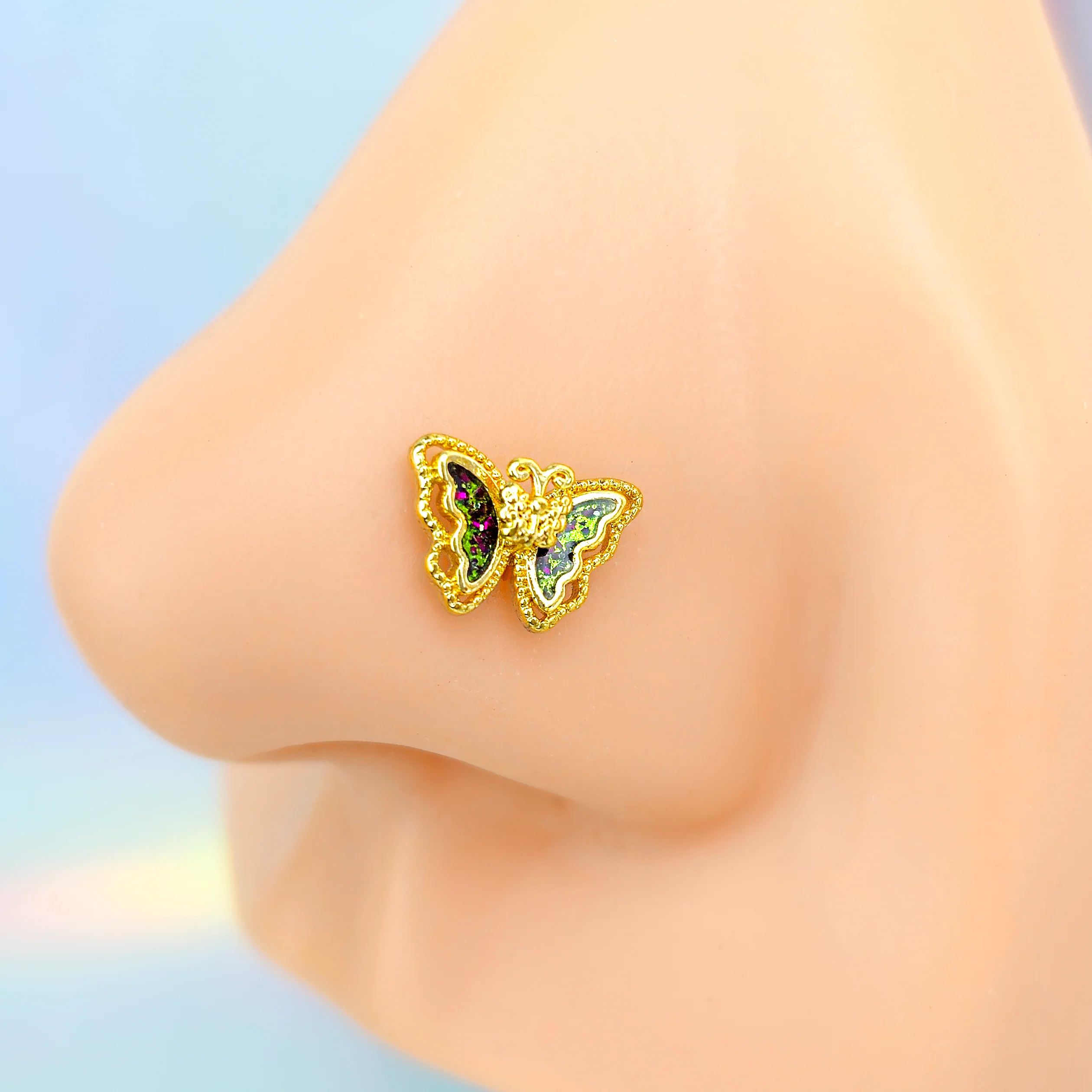 20G 7mm Vitrail Gem Classic Butterfly Golden L Shape Nose Ring - Image 2