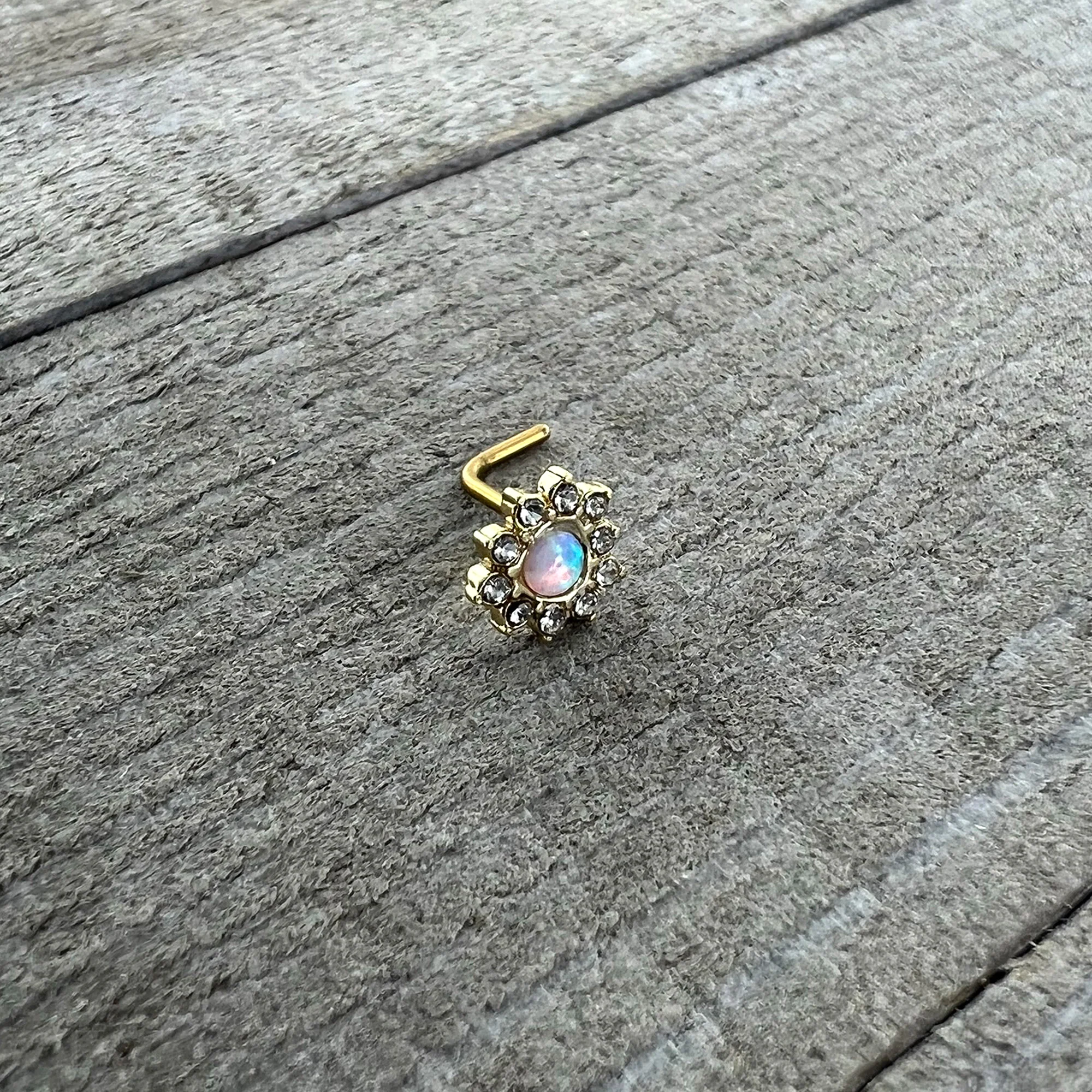 20G 7mm White Faux Opal Gold Tone Heart Sun L Shape Nose Ring - Image 5