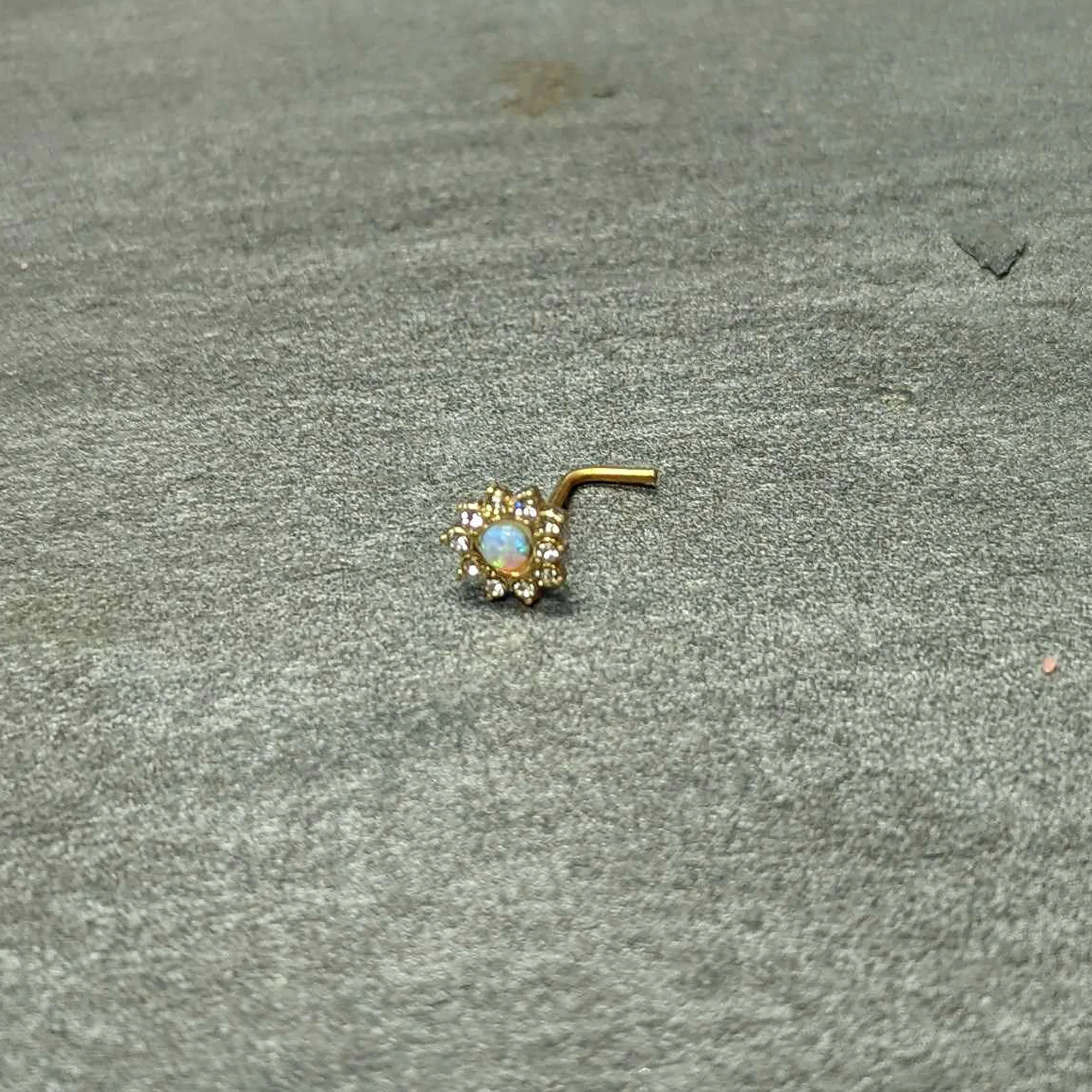 20G 7mm White Faux Opal Gold Tone Heart Sun L Shape Nose Ring - Image 6