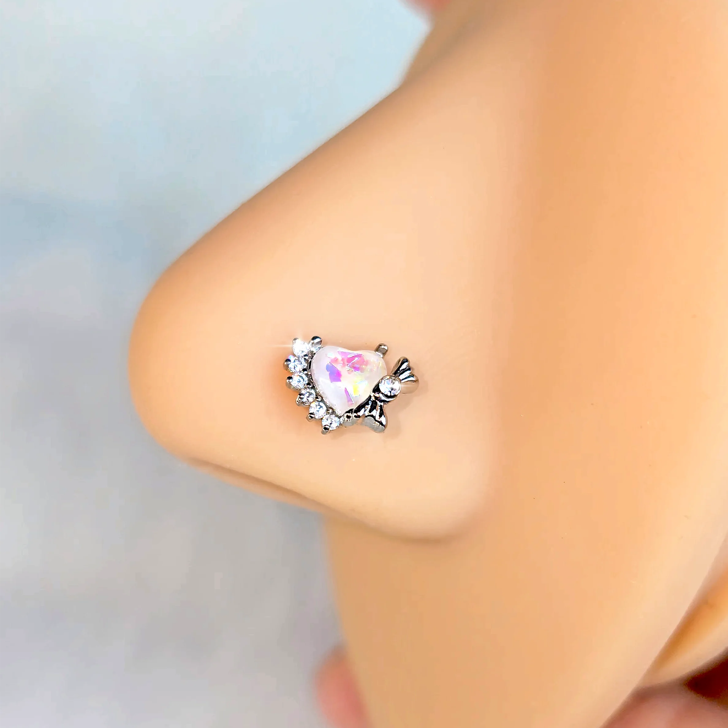 20G 7mm White Faux Opal Sunny Heart L Shape Nose Ring - Image 2